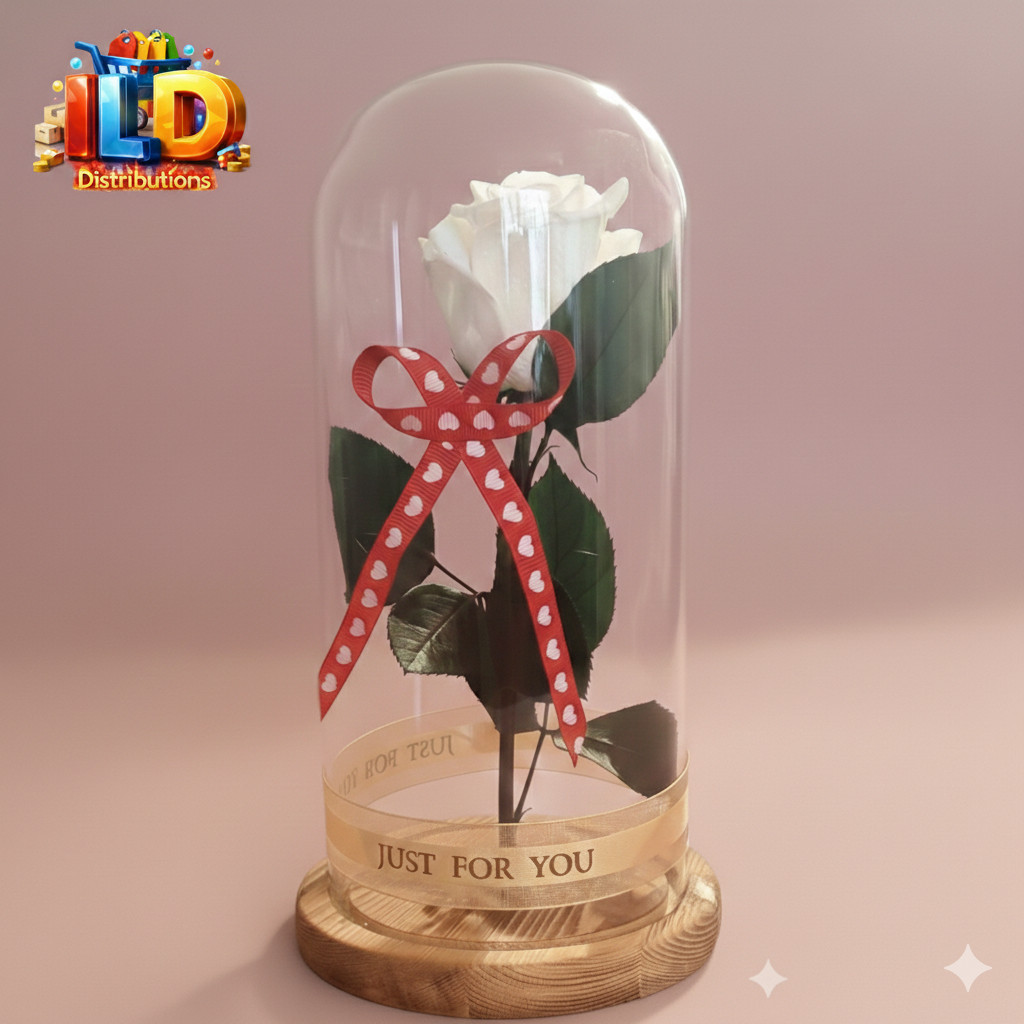 Rose Eternal White Real Flower in Glass Dome Lasts 2-3 Years Valentine’s Day Gif