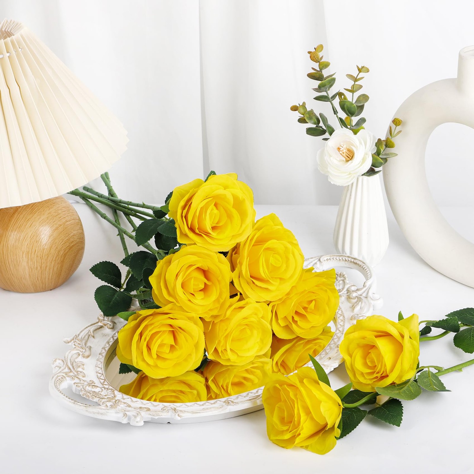 Ouddy Decor 20 Pcs Fake Yellow Roses Artificial Silk Flowers with Long Stems …