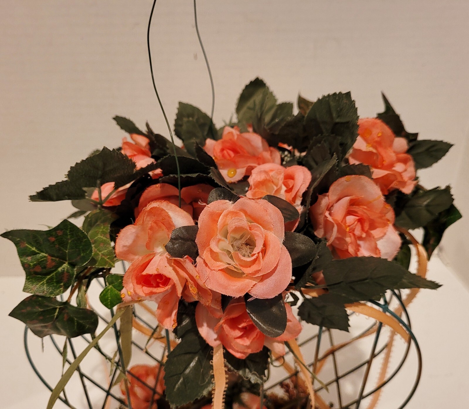 Handcrafted Mothers Day/Spring Arrangement in Green Metal Birdcage~w/Bird~9.5″T
