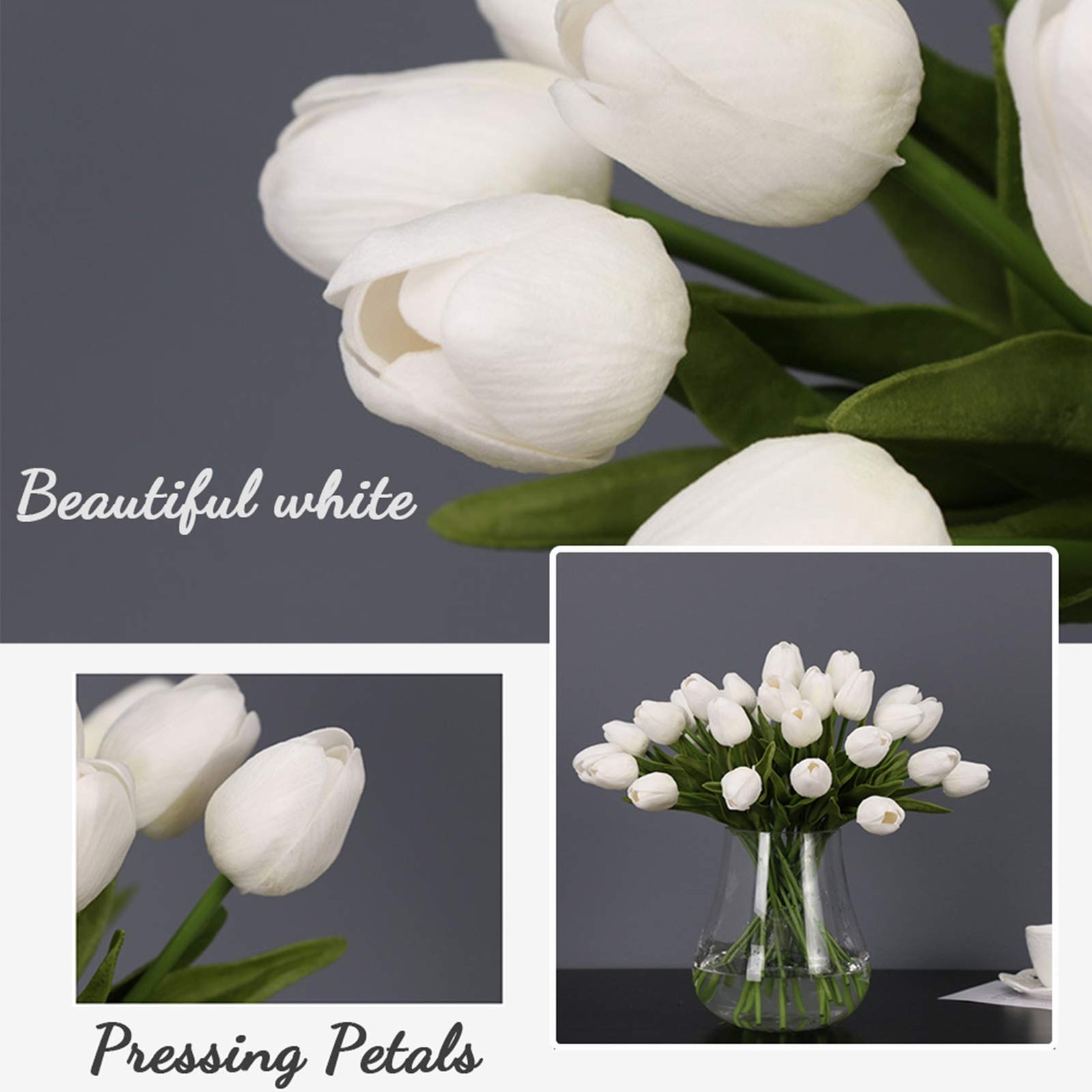 Artificial Flowers 30pcs 14″ Tall Faux Tulips, White PU Fake Tulips Flowers f…