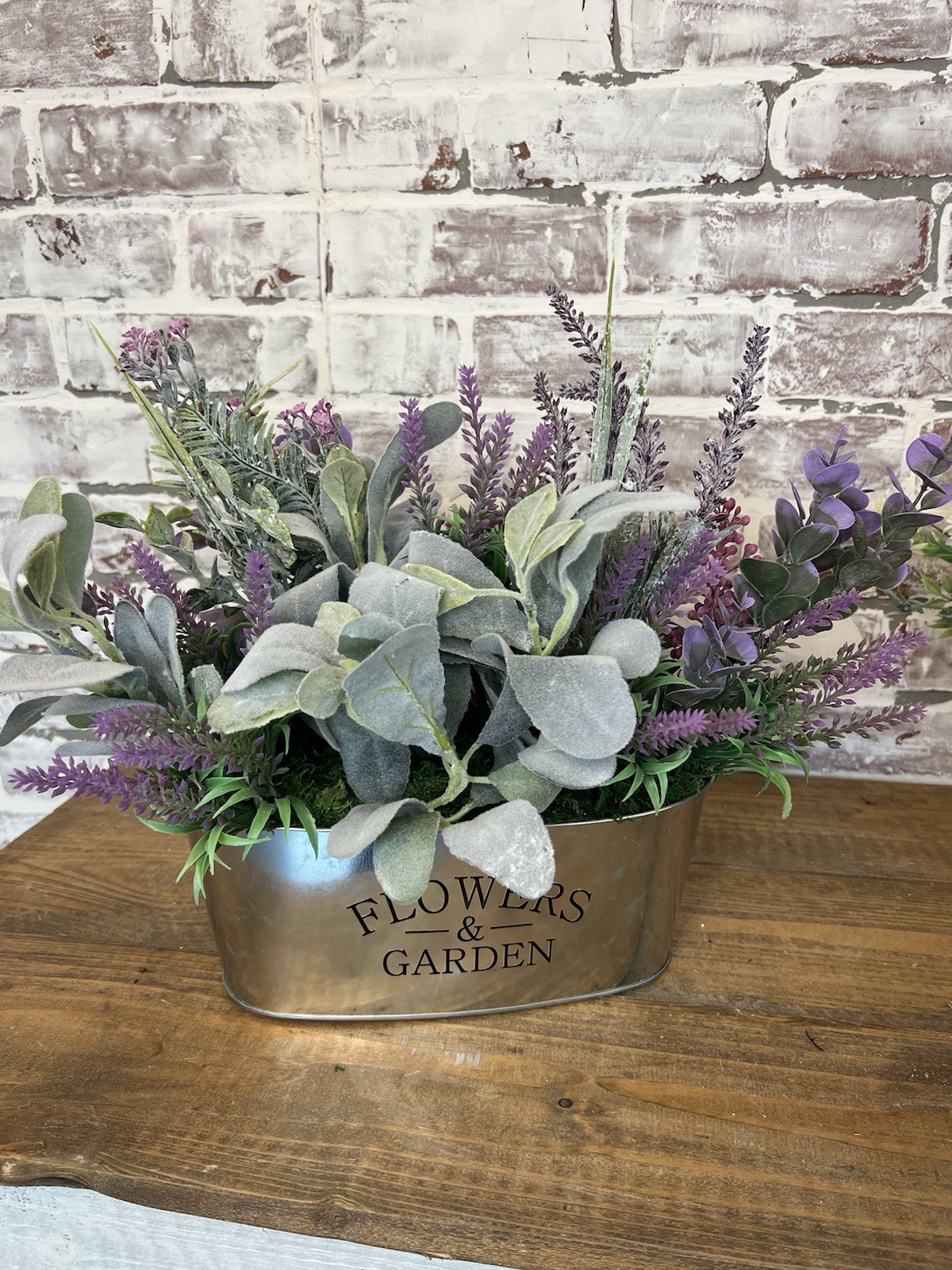 Lavender And Lambs Ear Floral Arrangement In A Galvanized Metal Container.