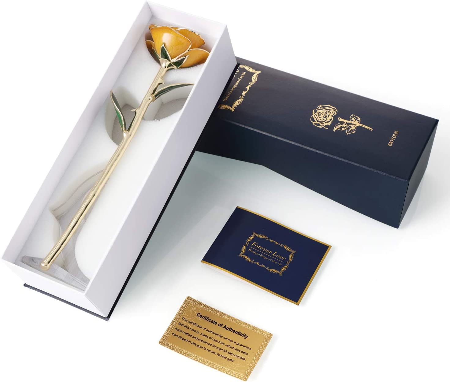 24K Gold Dipped Real Rose W/Rose Stand Forever Blooming Yellow Golden Rose Gift