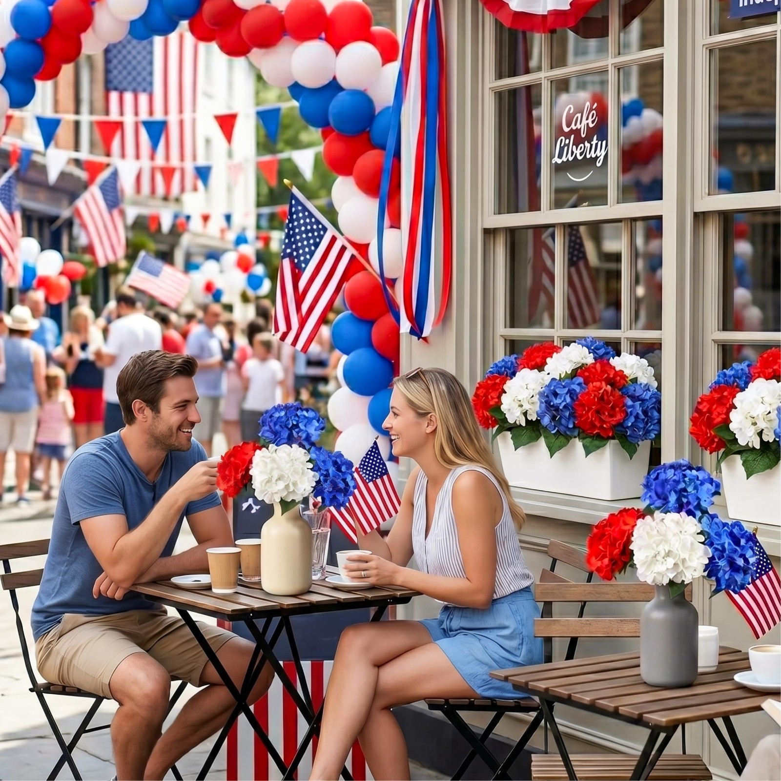 6 Bundles Patriotic Artificial Hydrangea Flowers – Red White Blue Decor for Memo