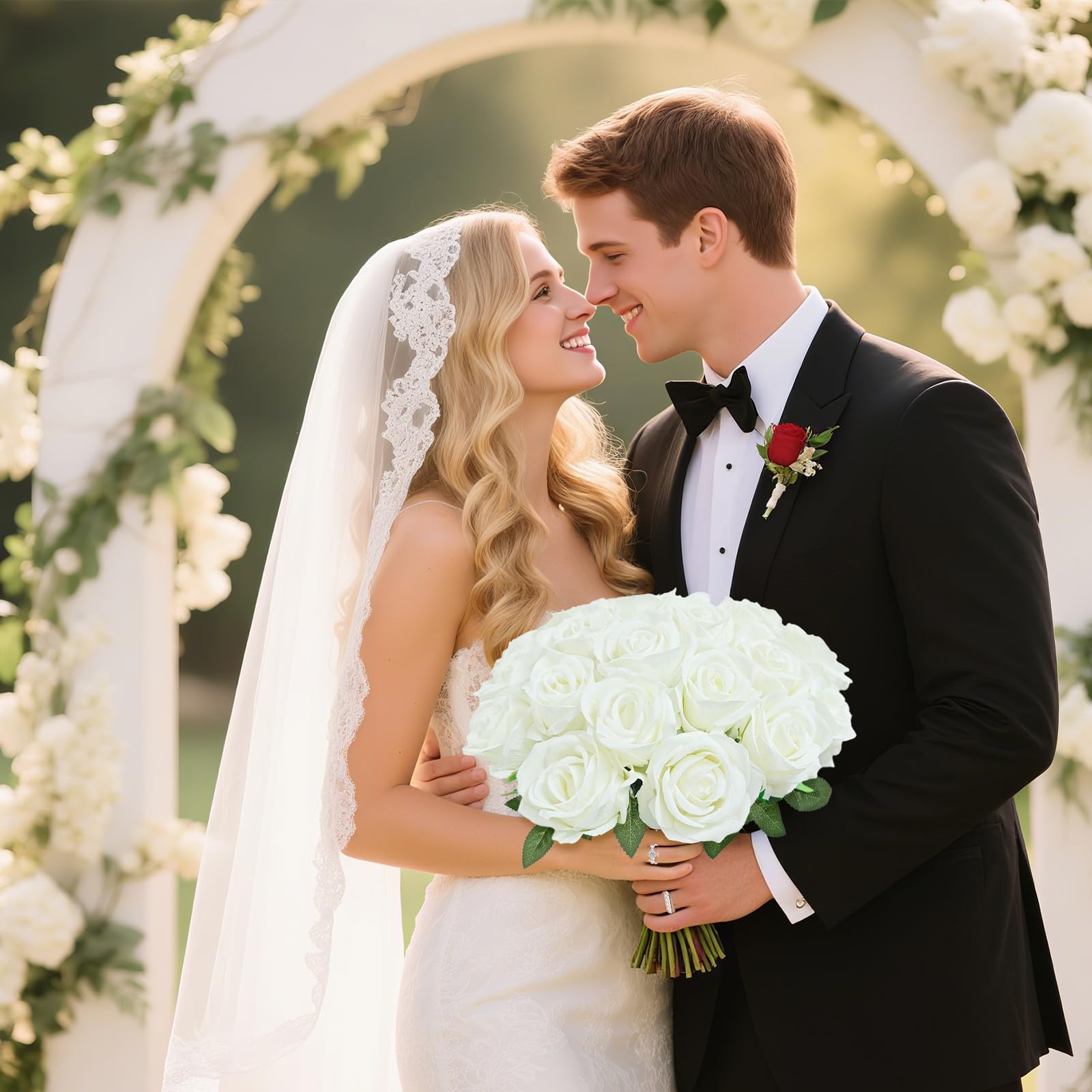 22 Pcs Artificial White Roses with Stems – Velvet Faux Flowers Bulk for Weddi…