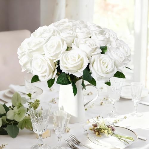 100 Pcs White Artificial Roses with Stems for Wedding Home Decor