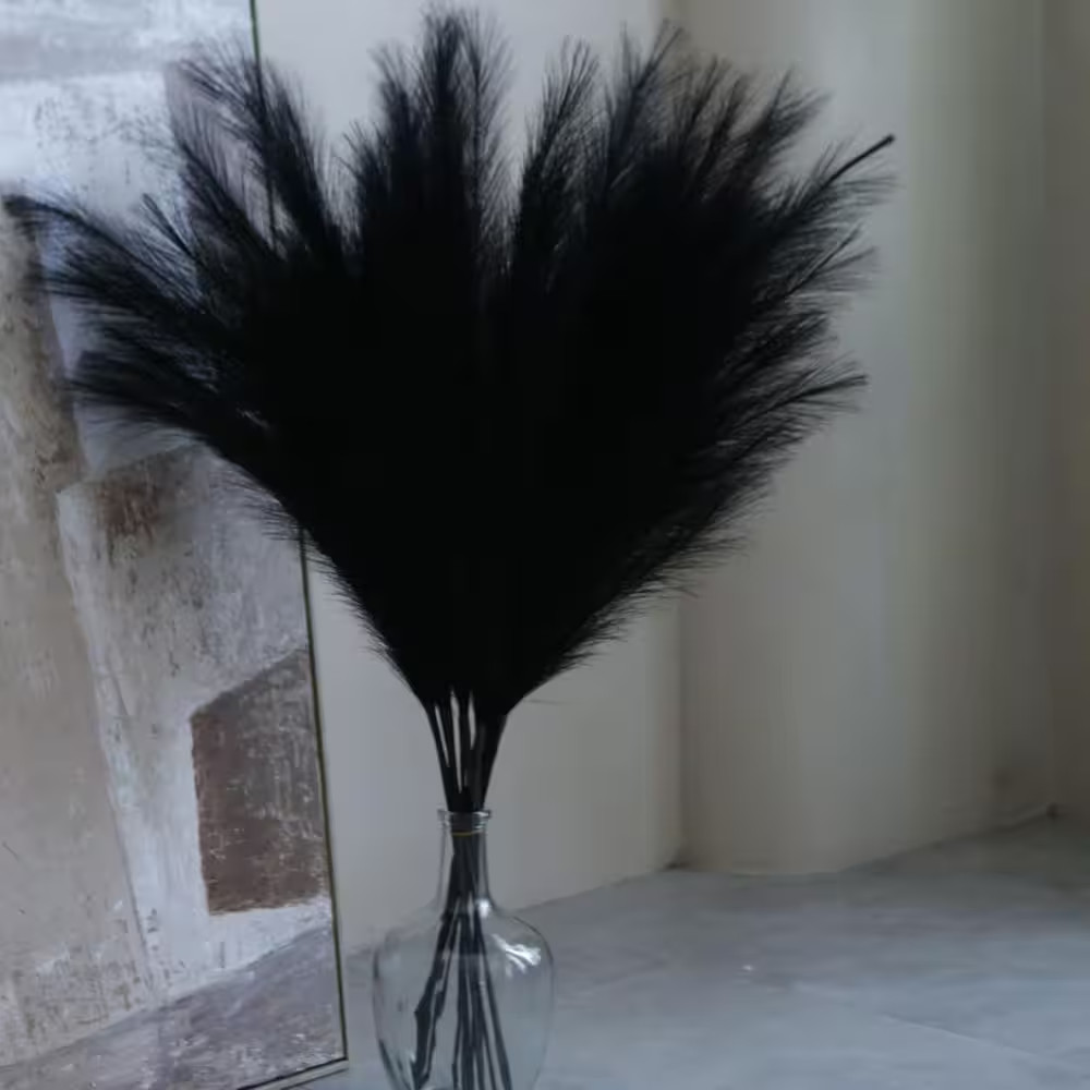 14 In. Black Artificial Plant Pampas Grass 9 Pieces Fluffy Silk Boho Home Weddin