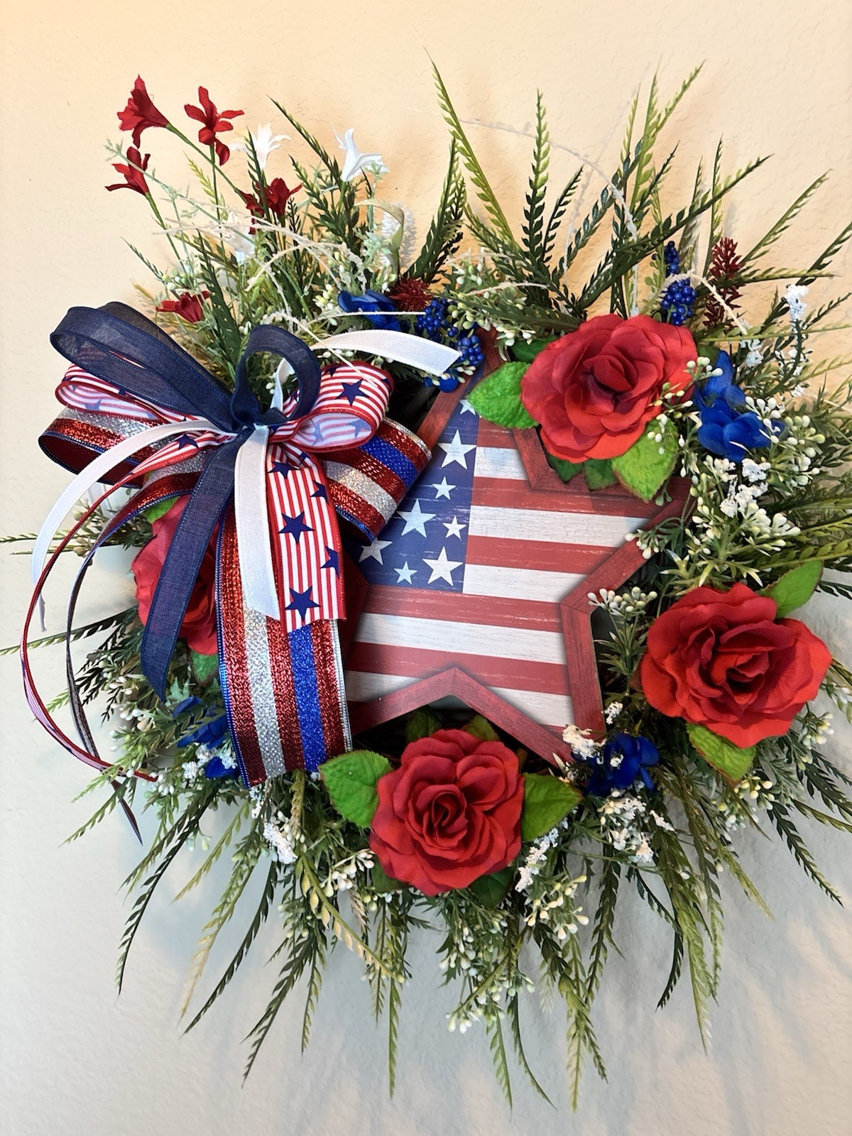 Patriotic Wreath USA Flag Red White Blue Front Door Decor Bow