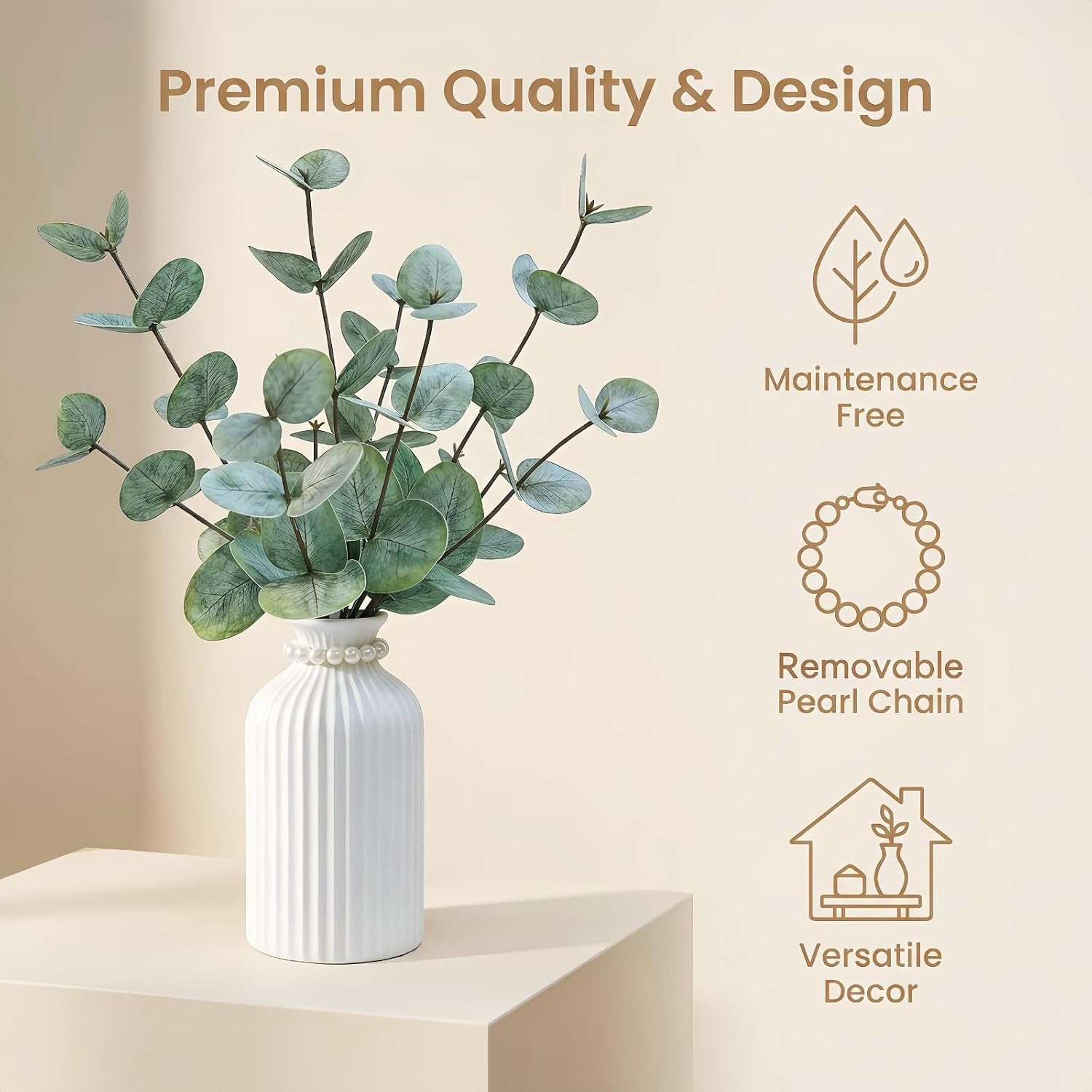 Artificial Eucalyptus Stems in Vase, Faux Plants with Frosted Ceramic Vase, Nord