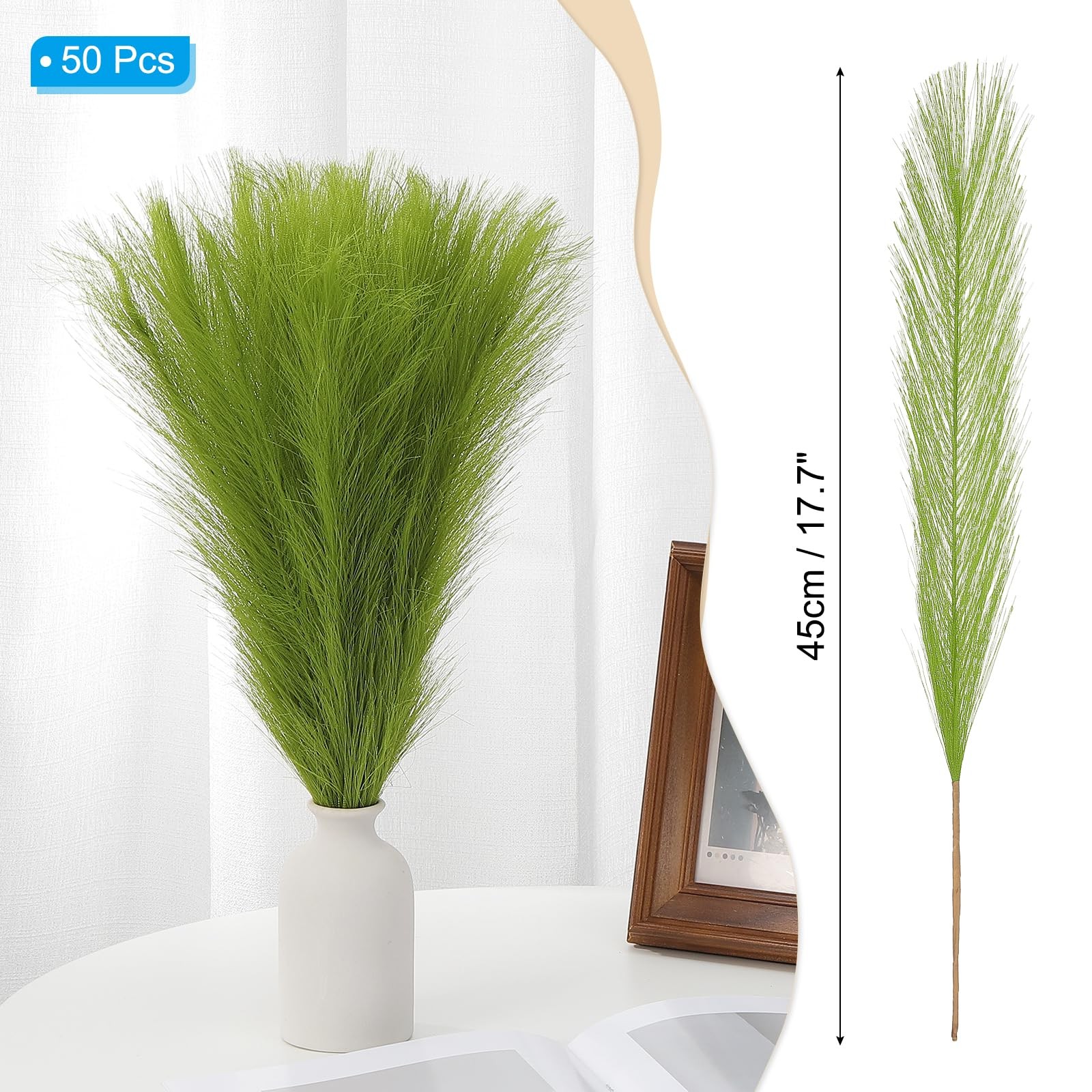 17.7in Pampas Grass Decor, 50pcs Artificial Pampas Grass Bulk Fluffy Faux Pam…