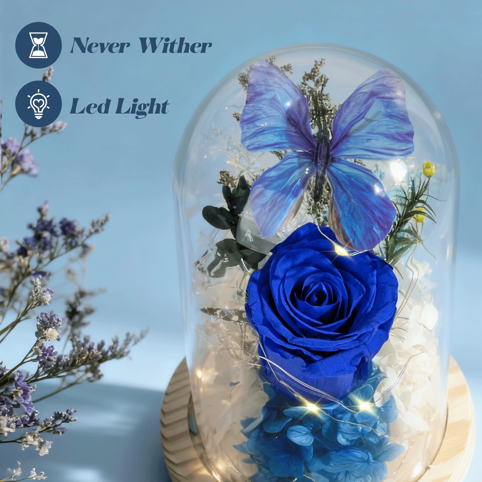 Forever Flowers Preserved Roses with Light in Glass Dome, Romantic Gifts for Mom