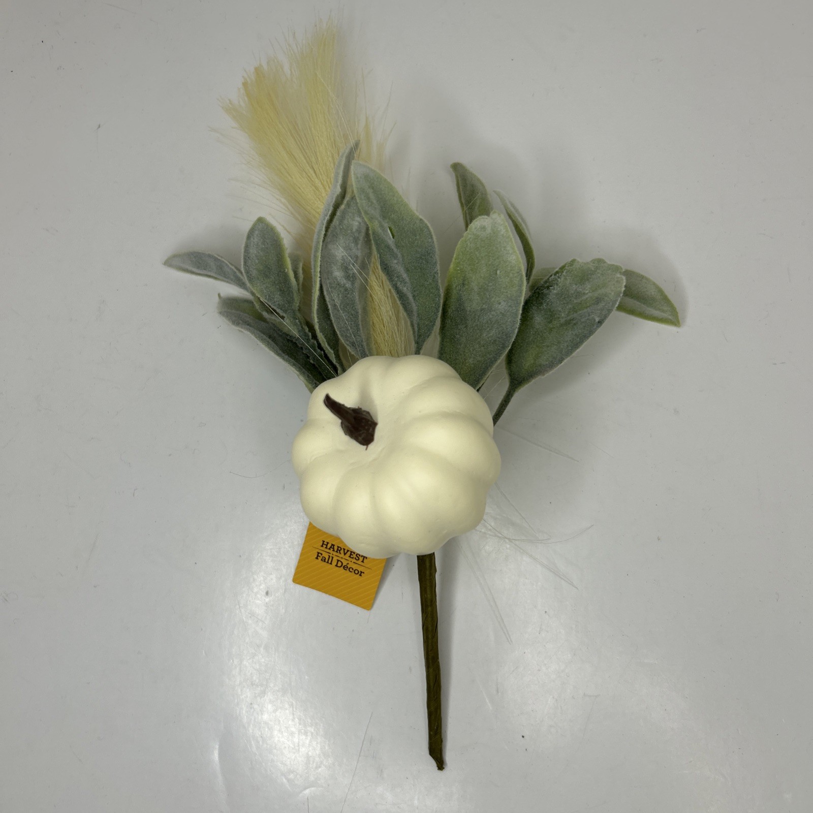 10 Artificial Fall Pumpkin Floral Pick W/Faux Lambs Ear & Feather Grass