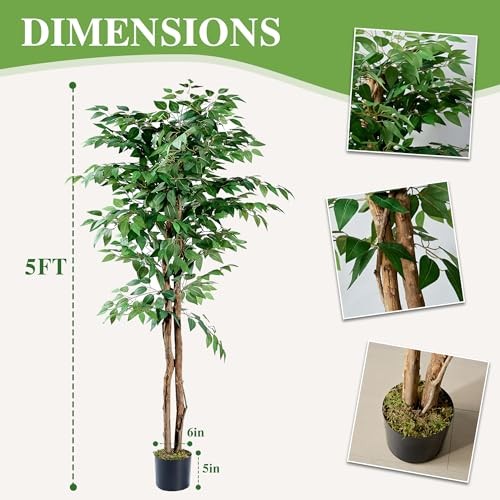 Artificial Ficus Tree with Sturdy Nursery Pot, 5FT Faux Silk Ficus Green(5ft)