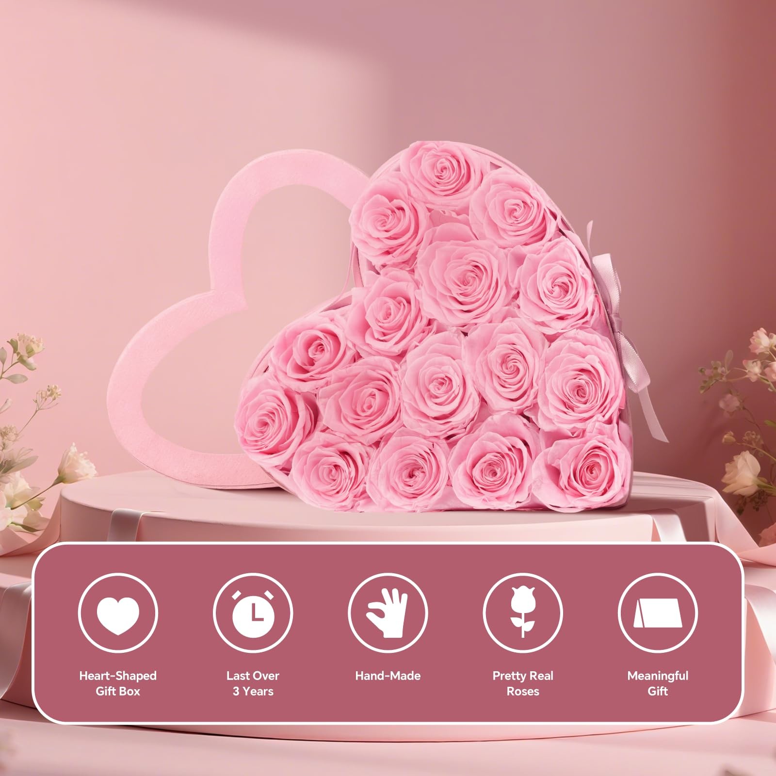 16 PCS Preserved Roses Heart Shape Box Forever Real Gift Pink Women Birthday