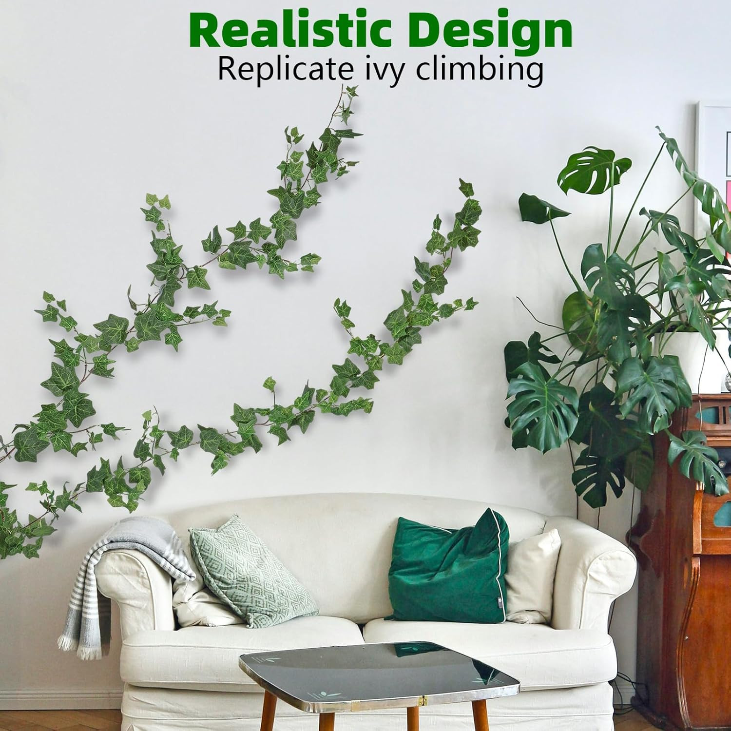 2 Strands Artificial Ivy Vines Garland, Fake Vines for Bedroom with Silk Green L