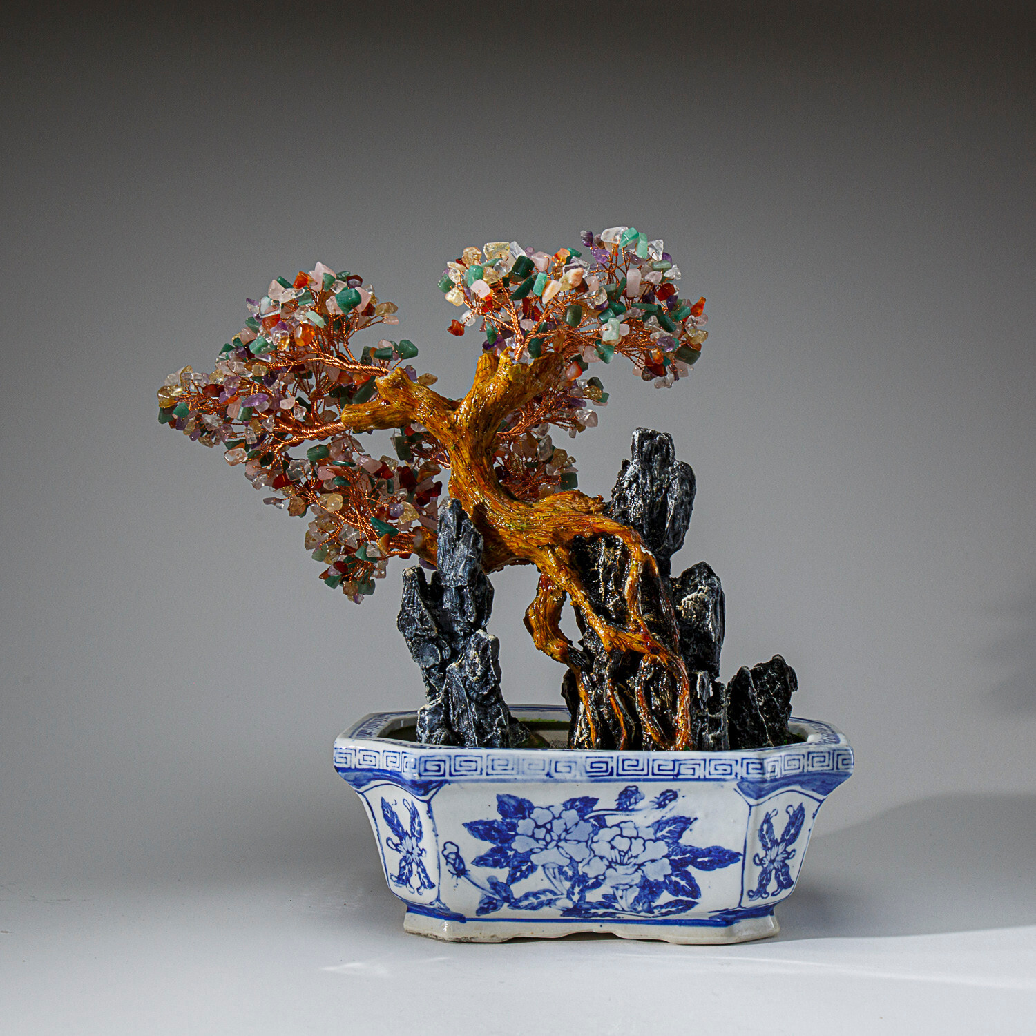 Genuine Multi Gemstone Bonsai Tree in Oval Ceramic Pot (13”)