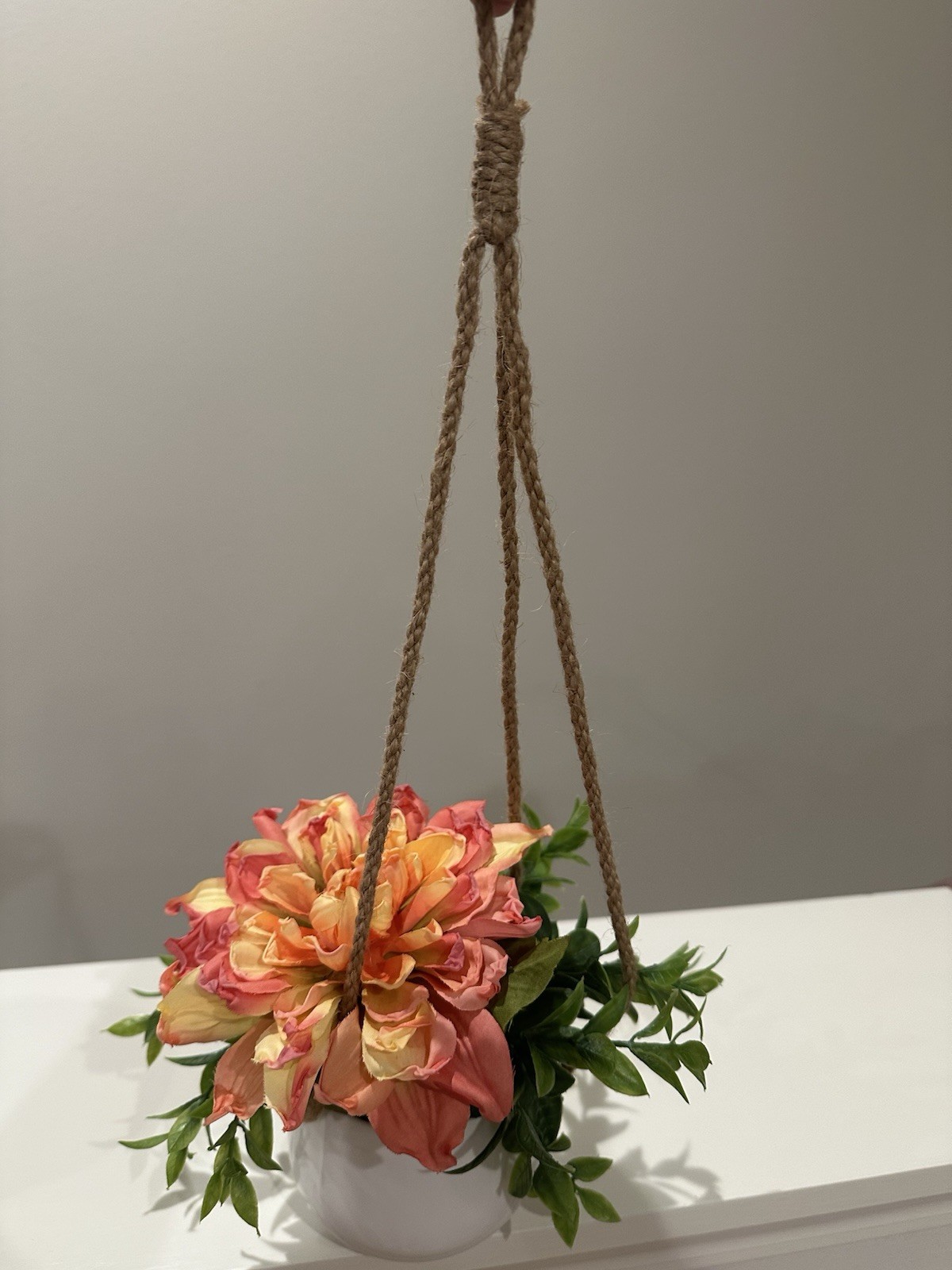 Artificial Hanging Flower Arrangement Pink Yellow Green in White Pot