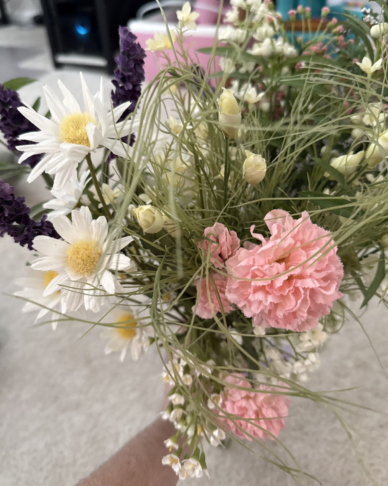 Floral Arrangement Bouquet Flowers Pink Purple White Yellow Green Rustic Wild
