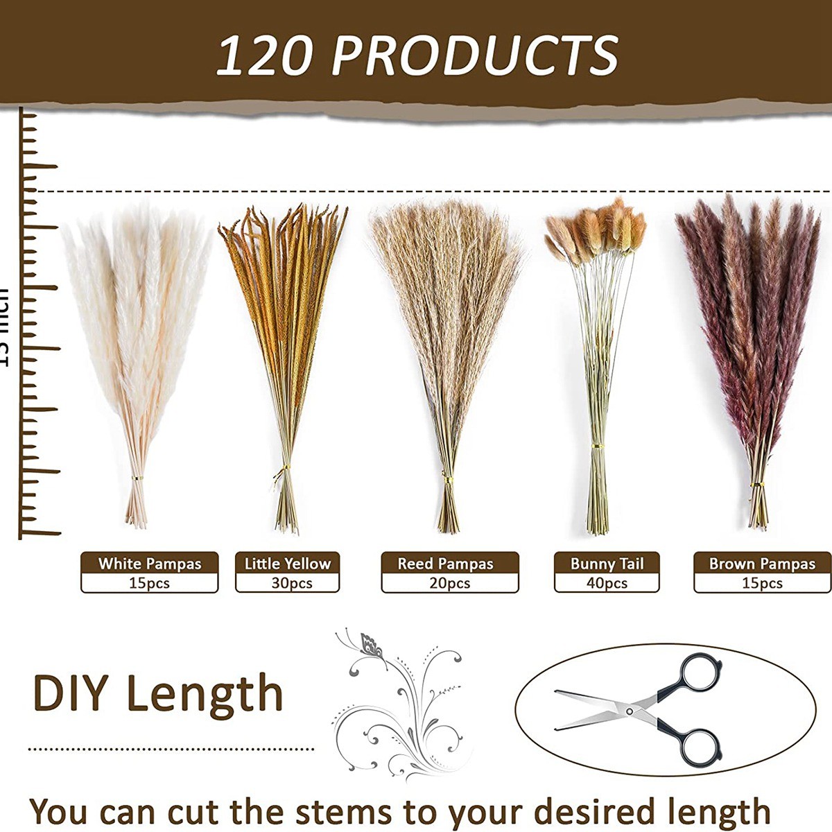 120Pcs Dried Pampas Grass Bouquet Decor, Room Wedding Party5008
