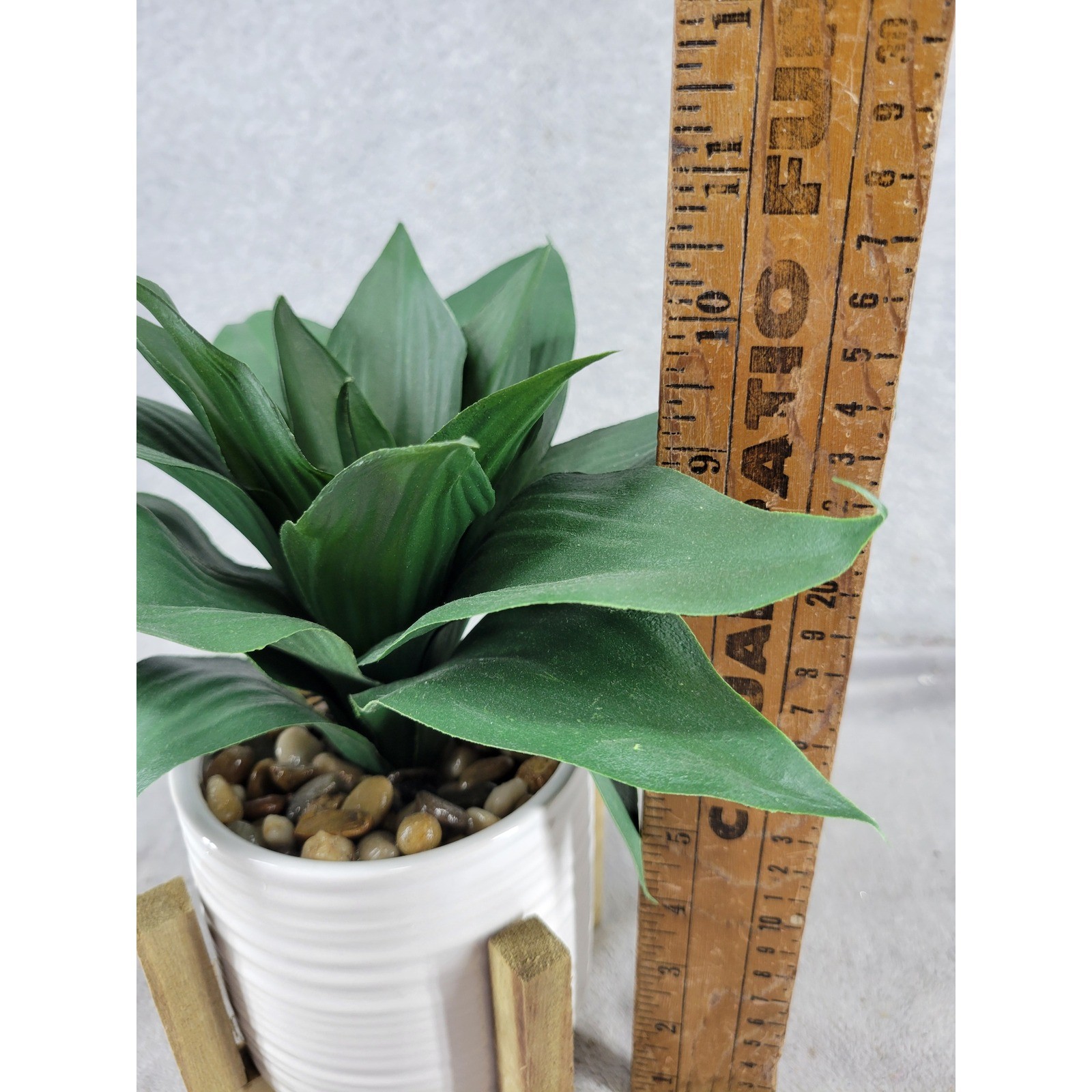 Artificial Snake Plant in White Ceramic Pot with Wood Stand Faux Green Leaves