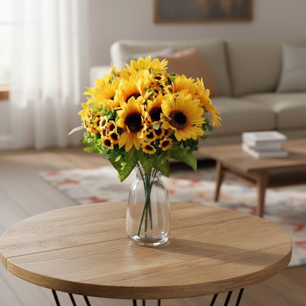 Artificial Sunflower Bouquet, 2 Bunches Silk Sunflowers Fake Yellow Flowers f…