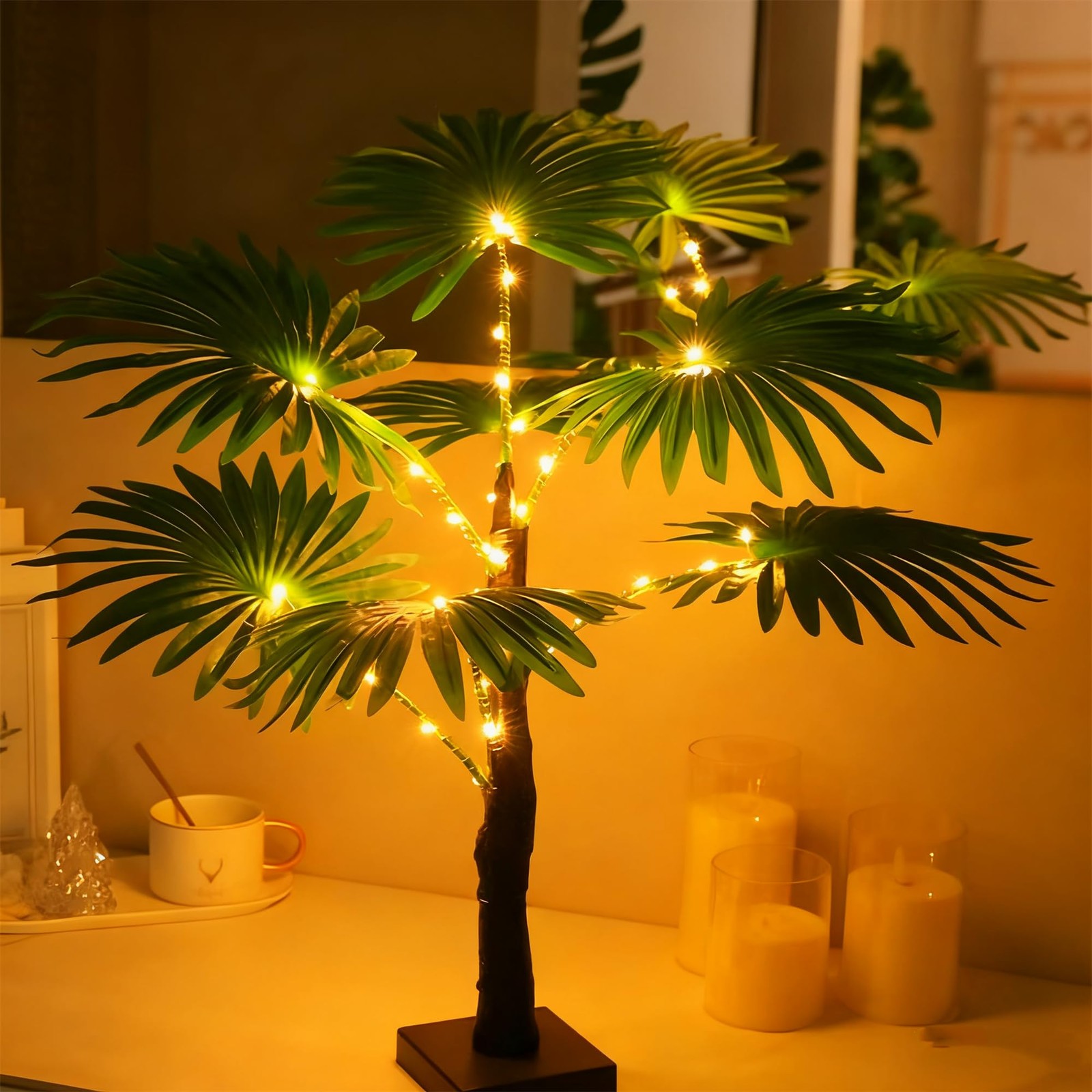 LED Artificial Palm Tree Lights Decorative Table Lamps Battery USB Powered 24In