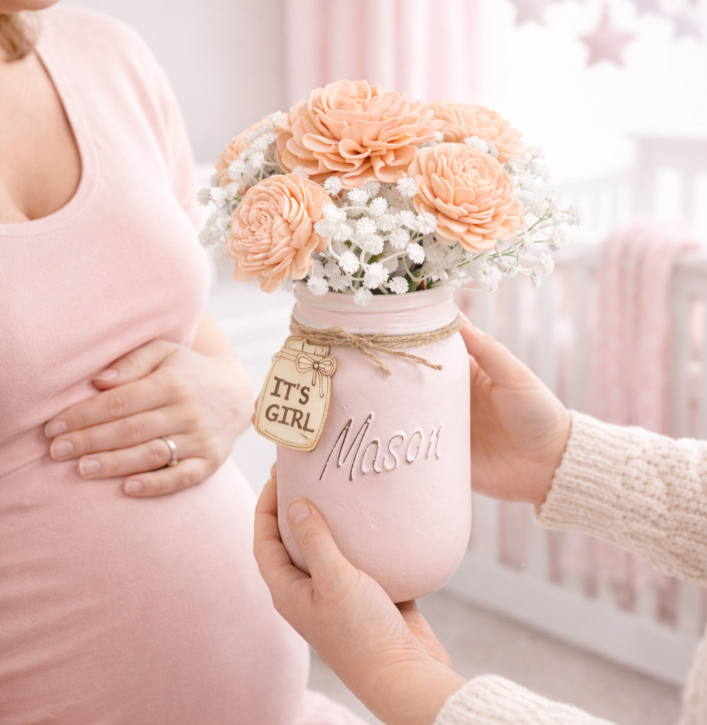 Pink Sola Wood Flowers Mason Jar Arrangement Baby Shower Centerpiece Home Decor