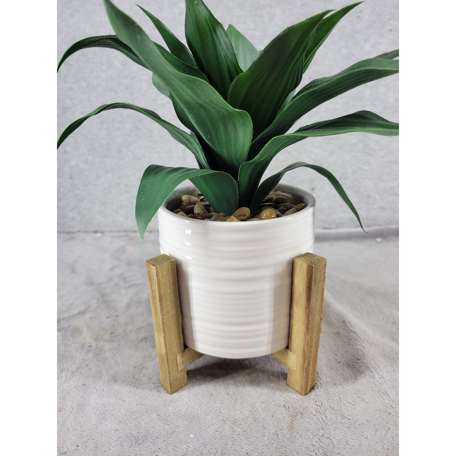Artificial Snake Plant in White Ceramic Pot with Wood Stand Faux Green Leaves