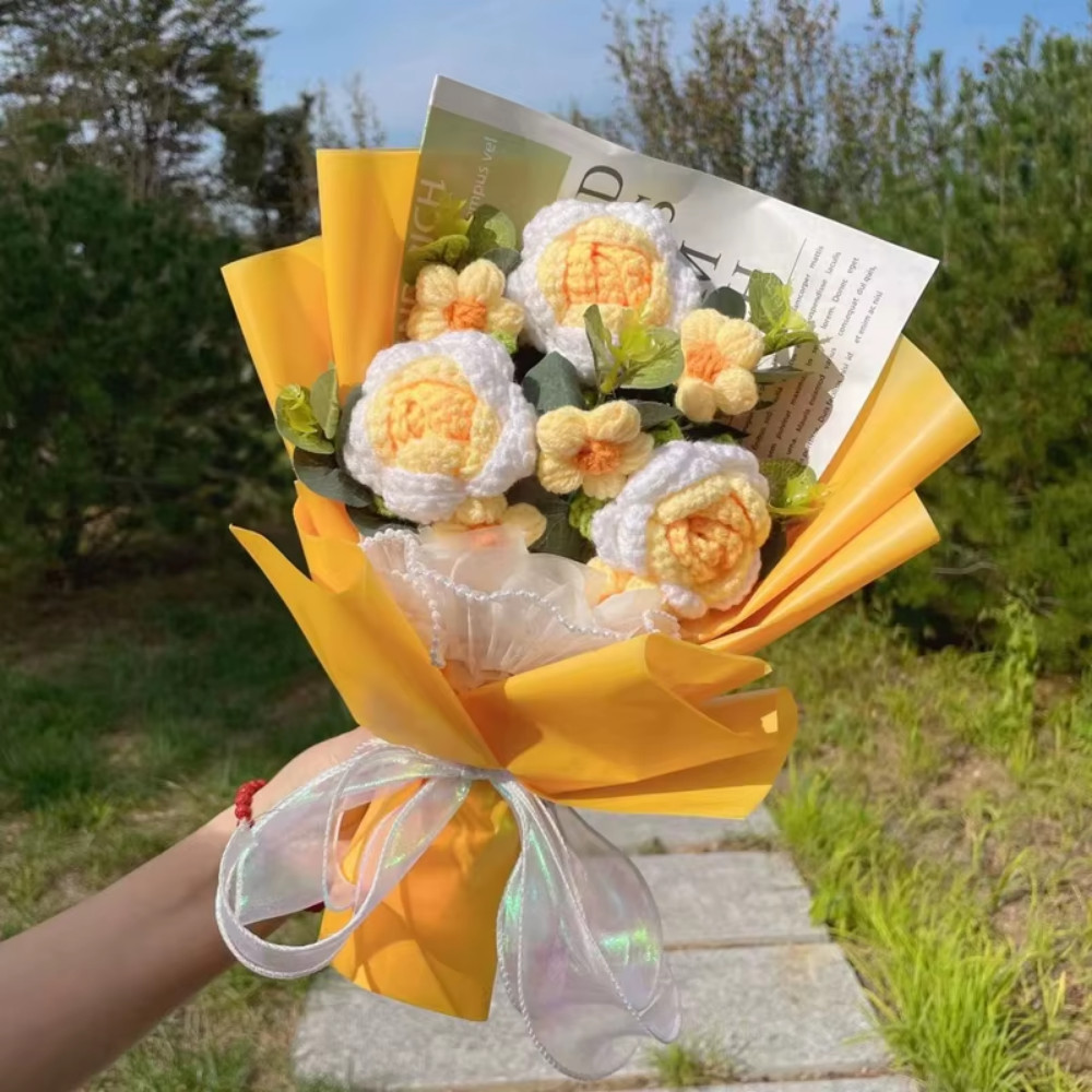 Crochet Sunflower & Rose Bouquet – Knitted Eternal Valentine’s Day Gift