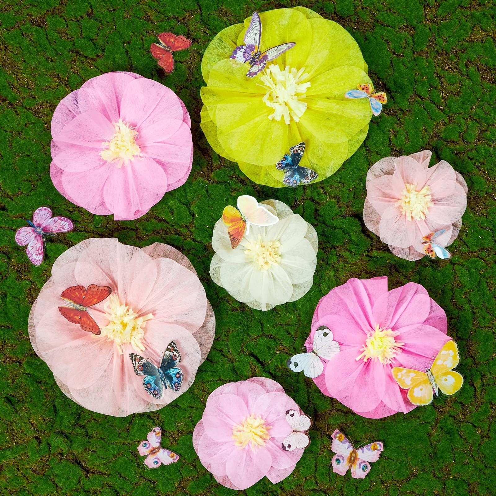 Large Paper Flower Decorations with 3D Butterfly Stickers Pink Yellow Giant T…