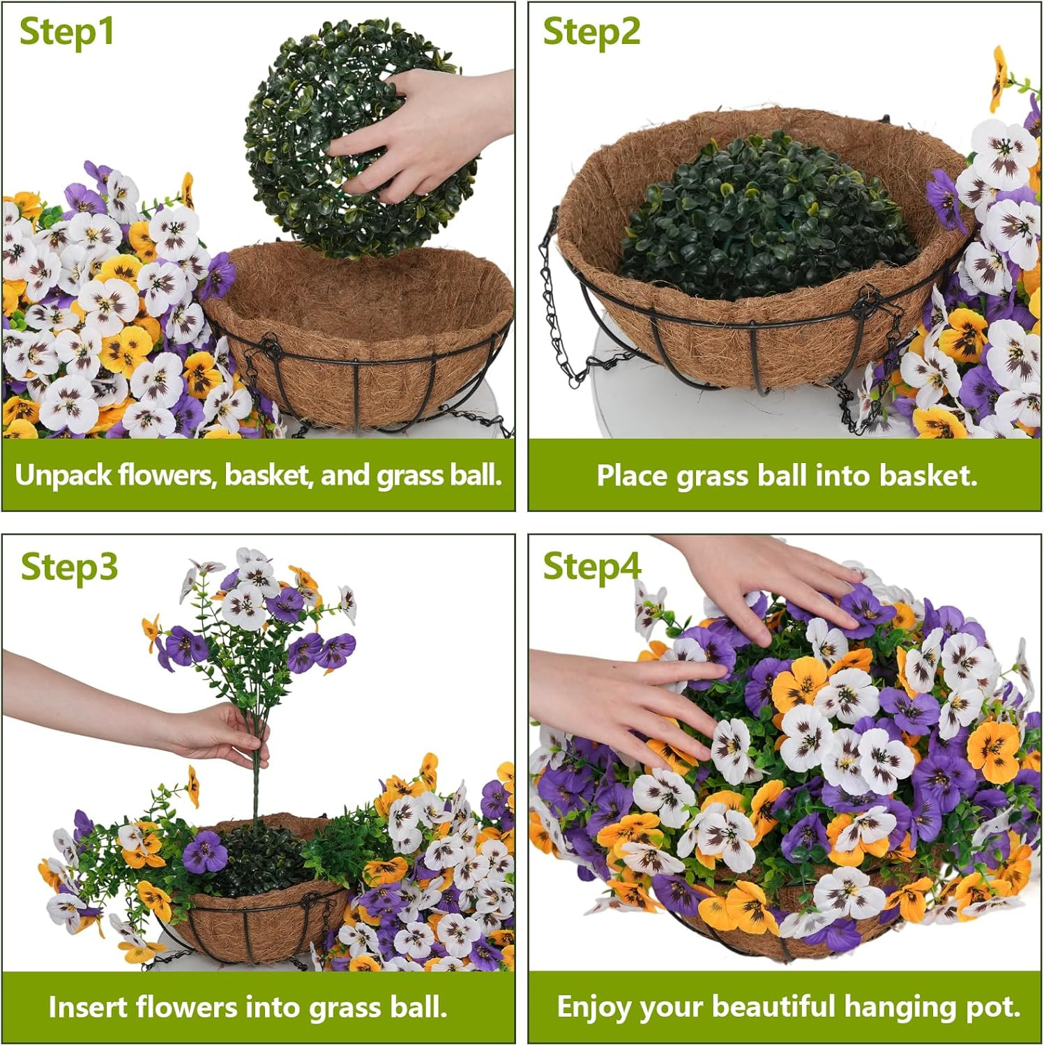 24 Pcs Silk Pansy Hanging Flowers with Basket for Outdoor Home Decor