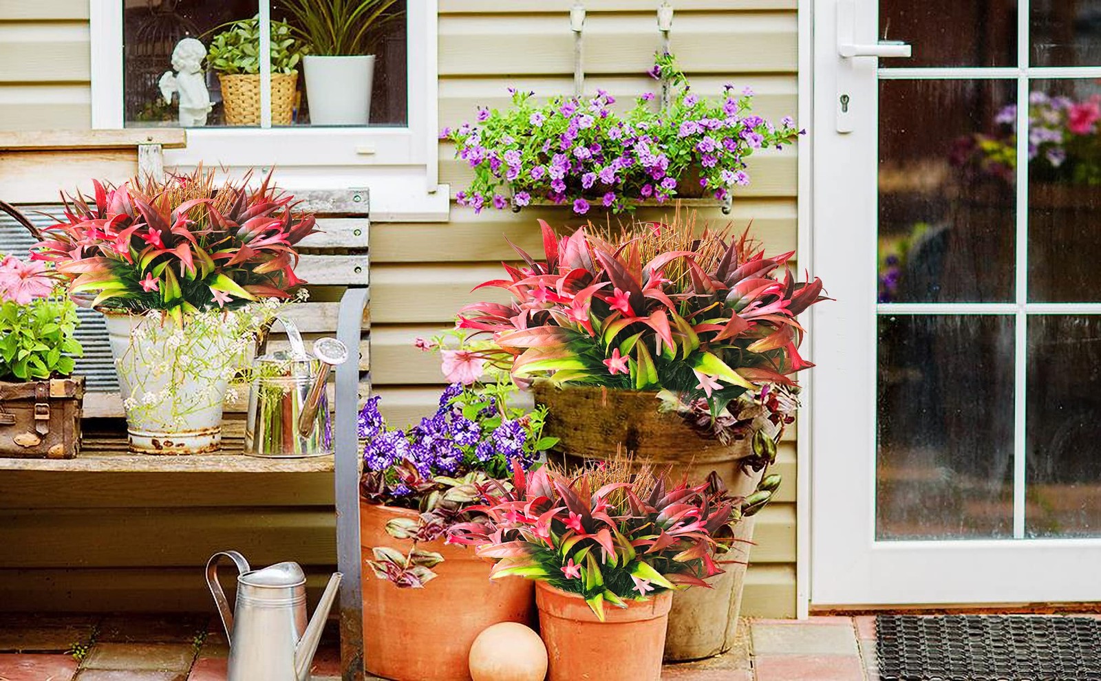 8 Bundles Artificial Plants Bushes Outdoor UV Resistant Fake Flowers Grass Bu…