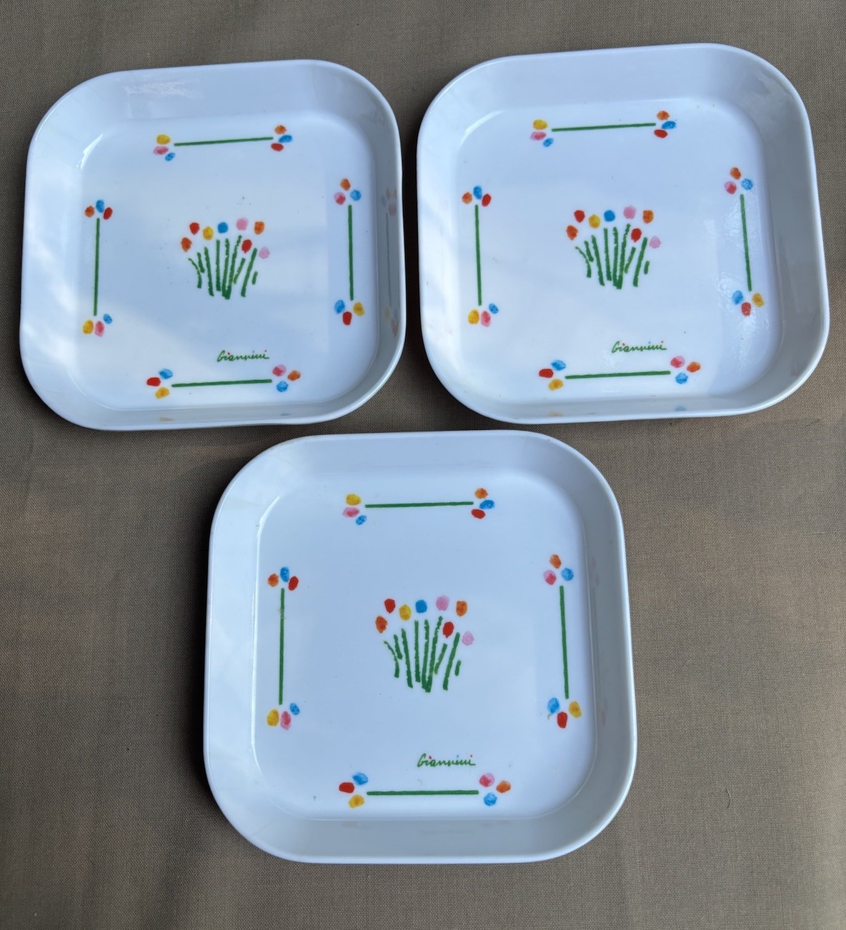 3 Vintage Melamine Trinket Dishes Floral 5×5 Italy Signed Giannini Design Import