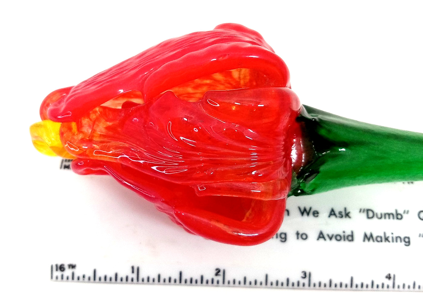 Vintage Blown Art Glass Long Stem Flower Red Bud Orange Center Ribbed Texture