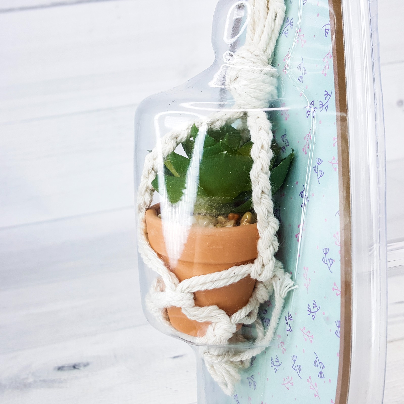 Mini Macrame 3″ Faux Succulent Hanging Plant w Holder Hanger Clay Pot NEW