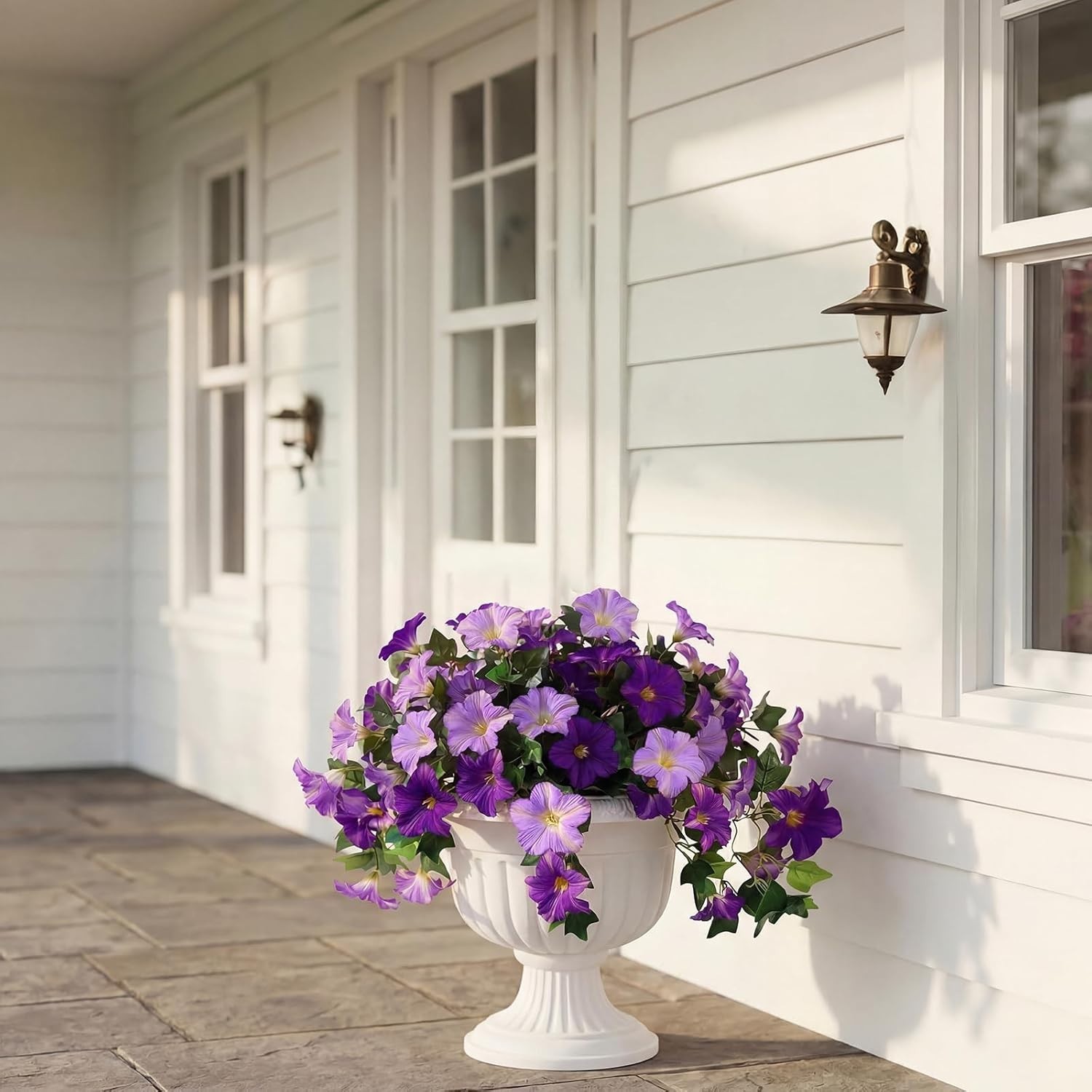 3 Pcs Faux Petunias Artificial Flowers for Outdoors, UV Resistant Fake Purpl