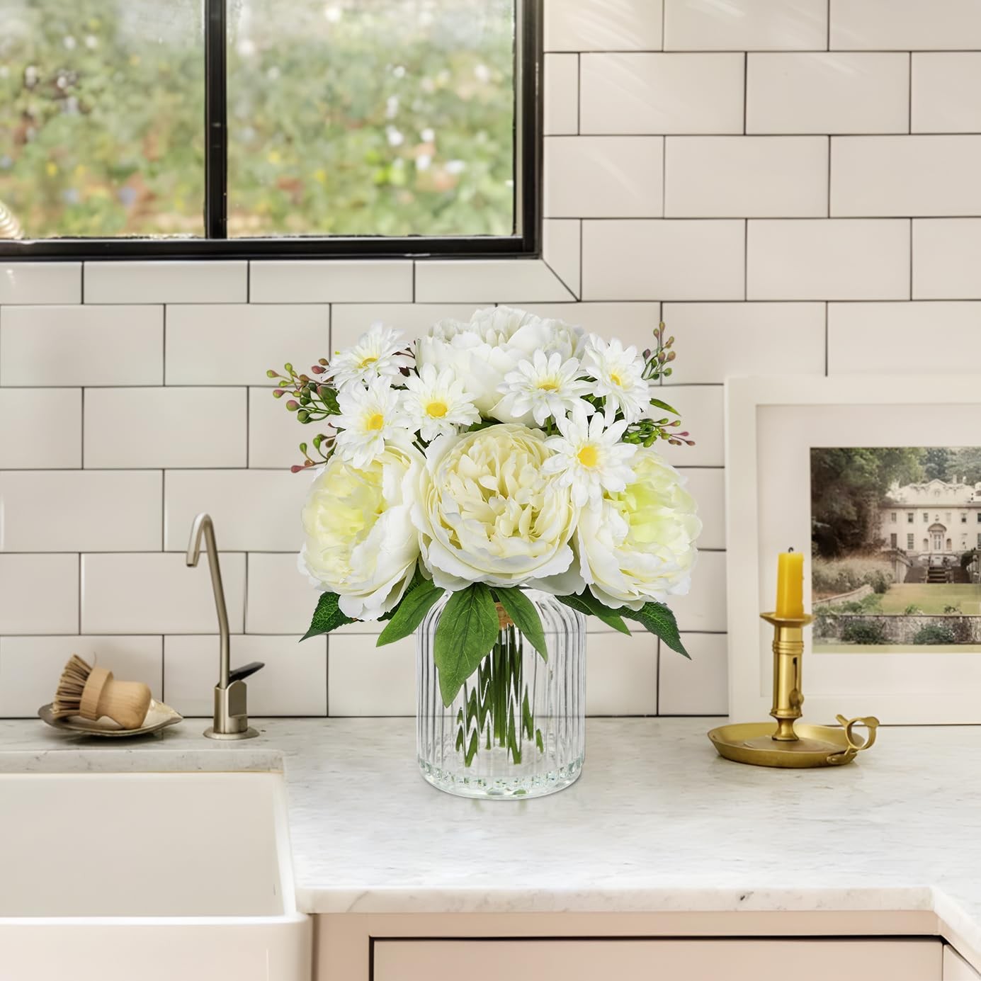 Artificial Flowers in Vase White Silk Peony & Daisy Faux Floral Arrangements …