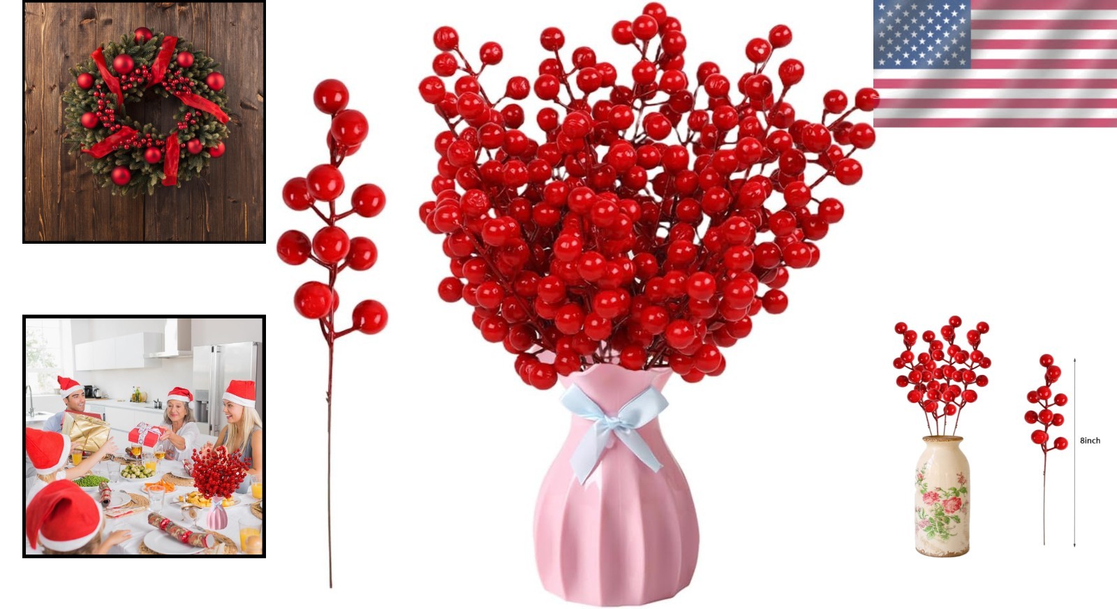 Versatile 8-Inch Artificial Red Berry Stems – Ideal for Christmas & Parties