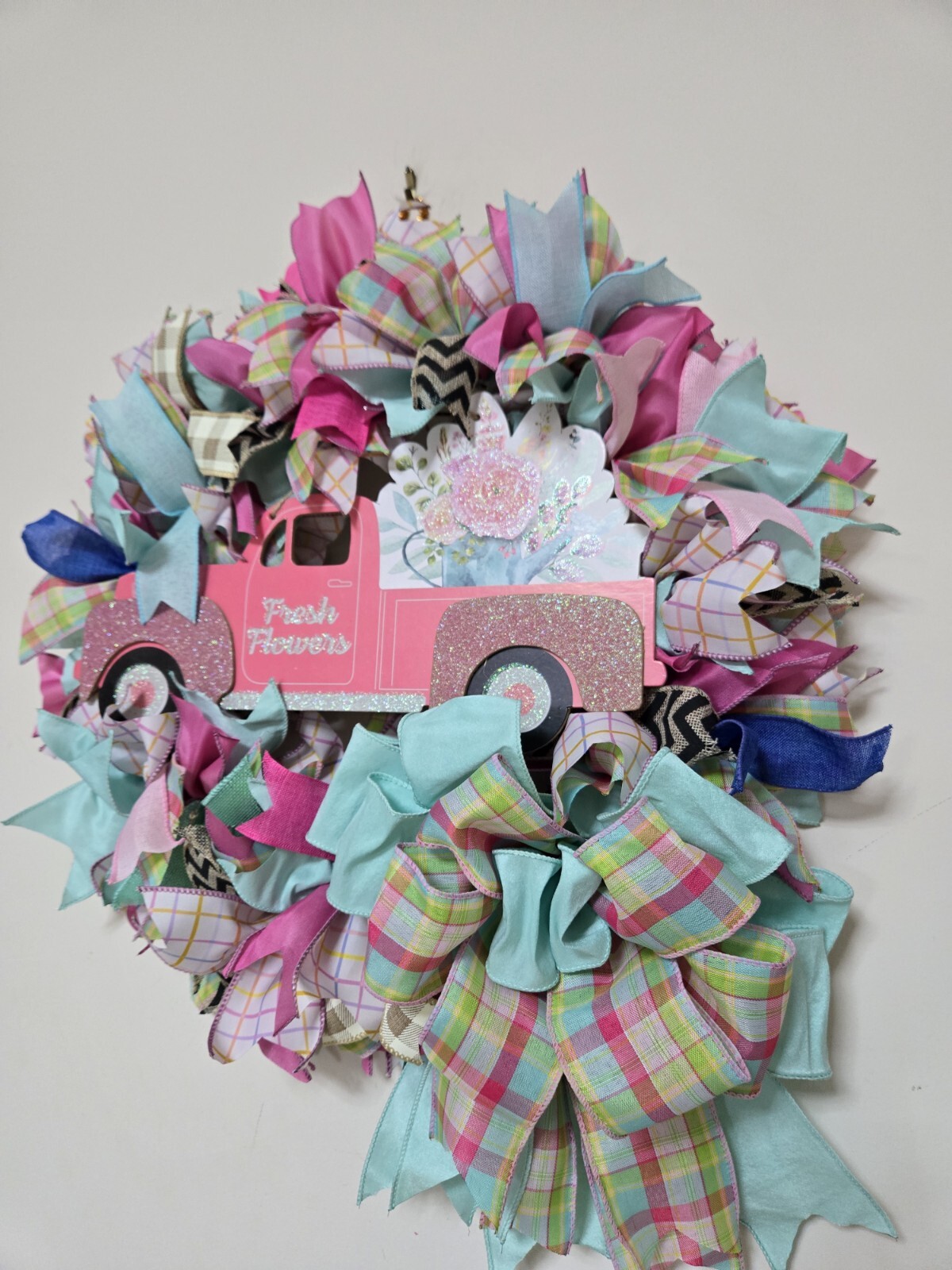 FRESH FLOWERS pink Truck WREATH Spring SUMMER Fall Front Door Wall Decor BIG BOW