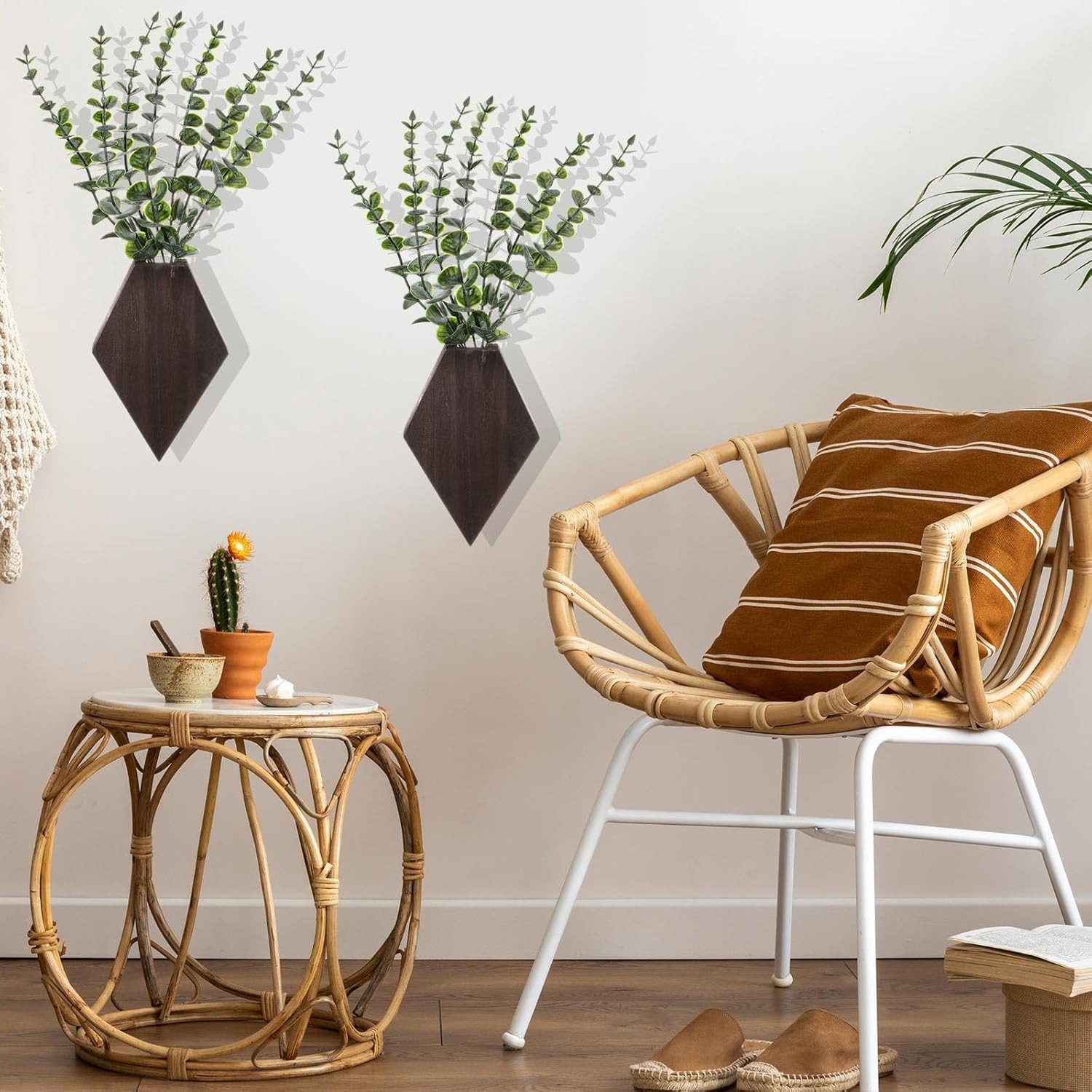 2 Pcs Wooden Wall Planter Decor Hanging Fake Plants Greenery Flowers Holder Vase