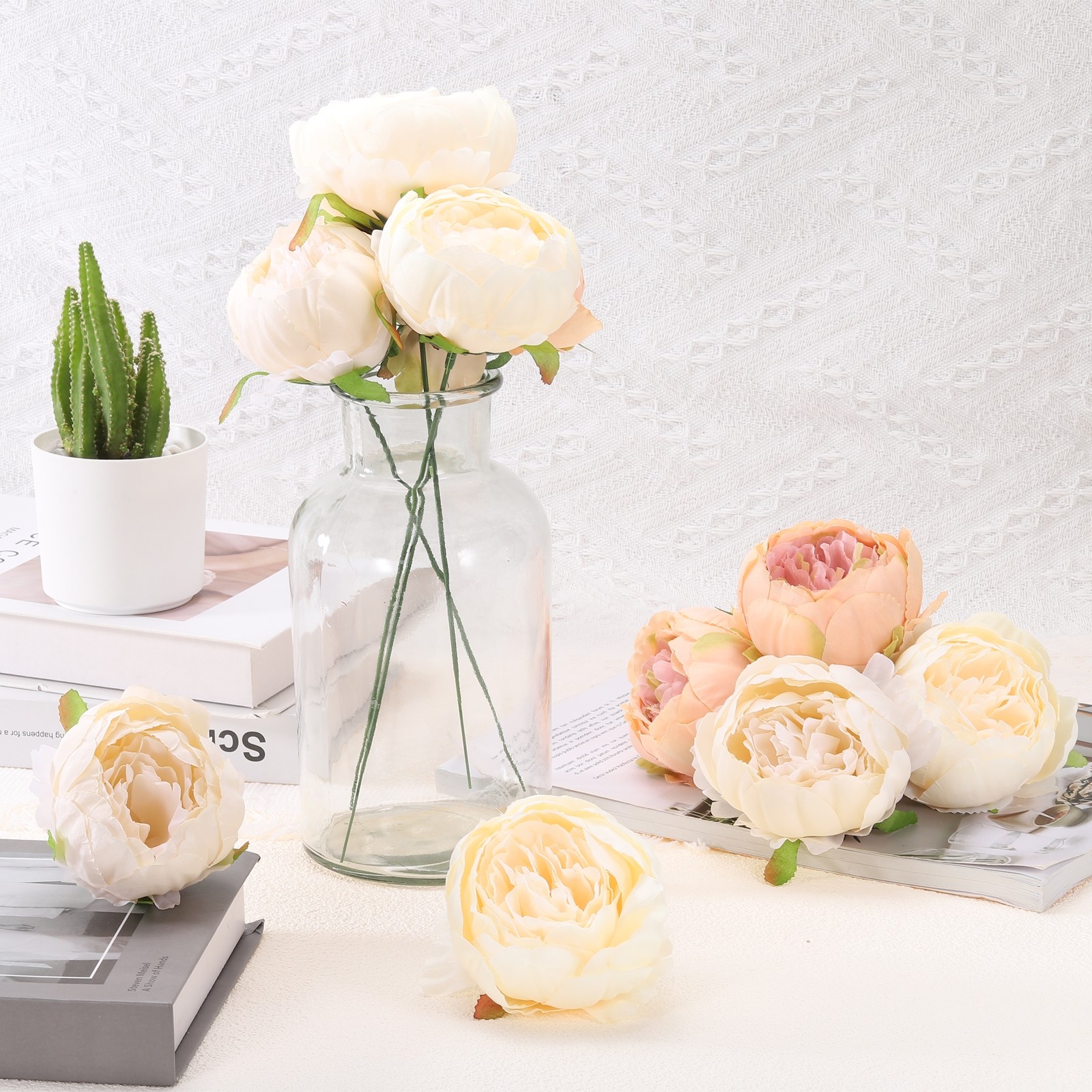25Pcs Peonies Artificial Flowers Fake Peony Flowers with Stems Orange Pink