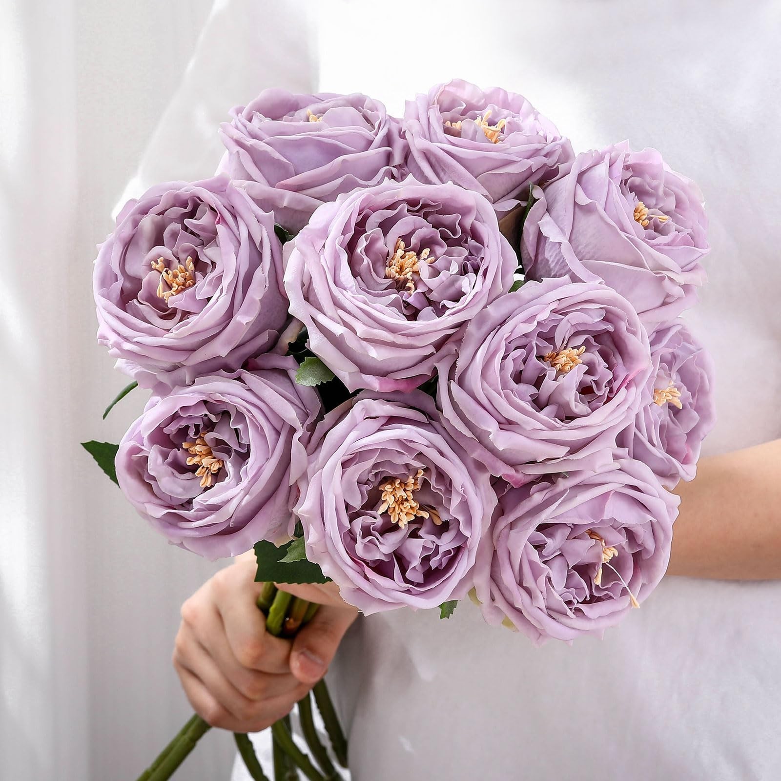 Daifunli 10pcs Peonies Artificial Flowers, Faux Austin Rose Long Stem Real Fake