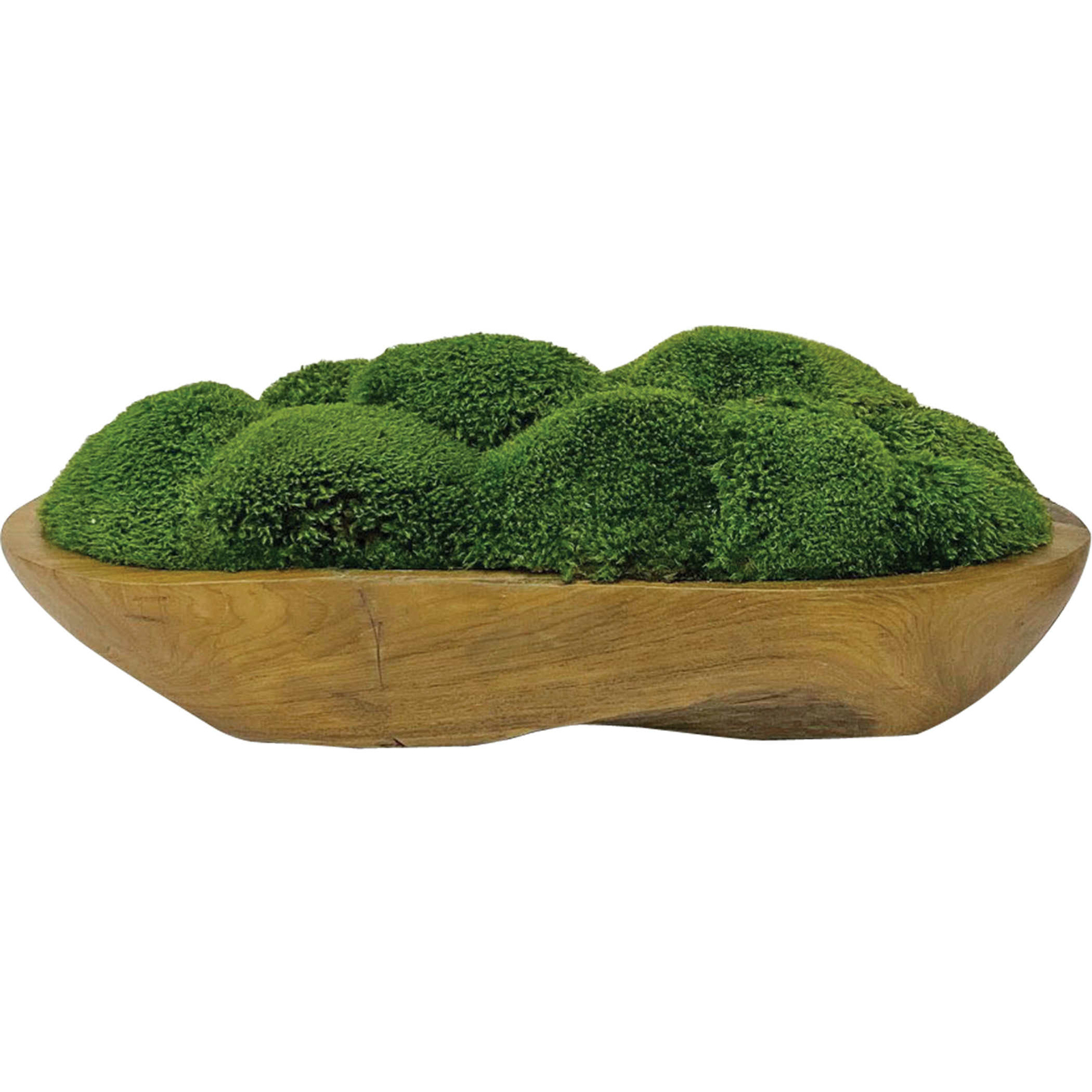 Contemporary Moss Mound Faux Floral Centerpiece Rustic Teak Wood Bowl Greenery