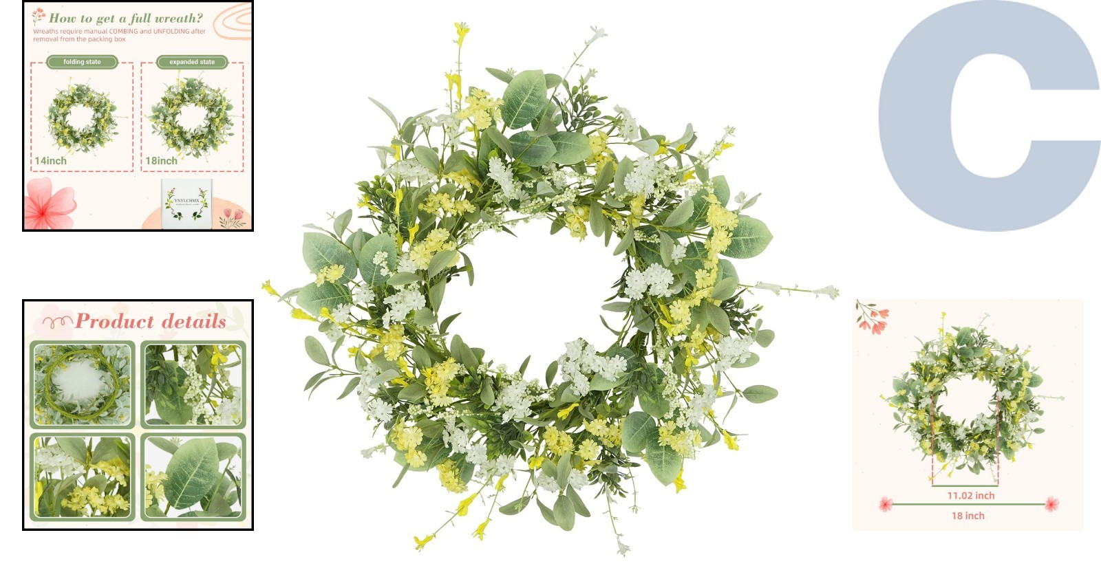 18-Inch Spring Summer Floral Wreath – Lifelike Daisy & Eucalyptus Decor