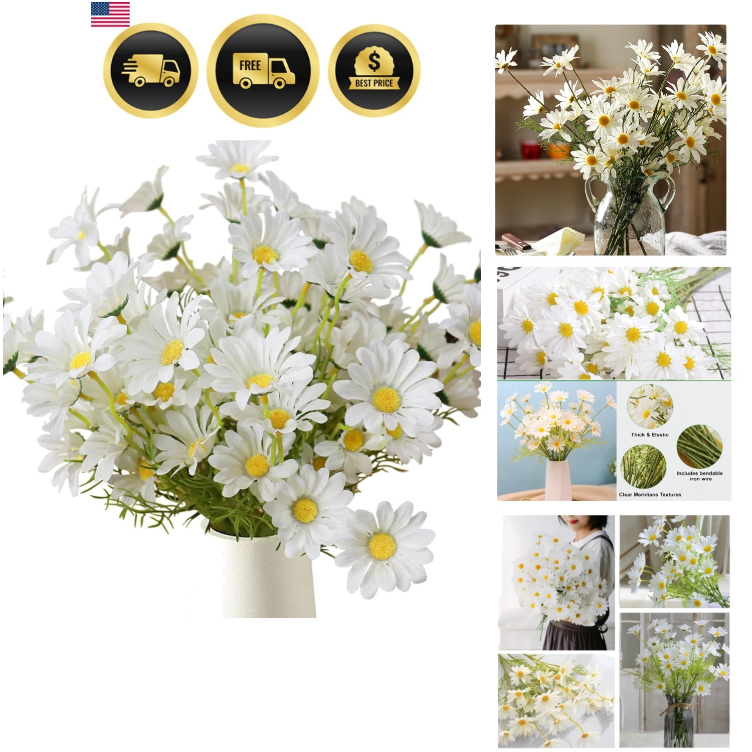 Artificial Flowers Daisies 8 Bundles White Outdoor Fake Wildflowers for Home …