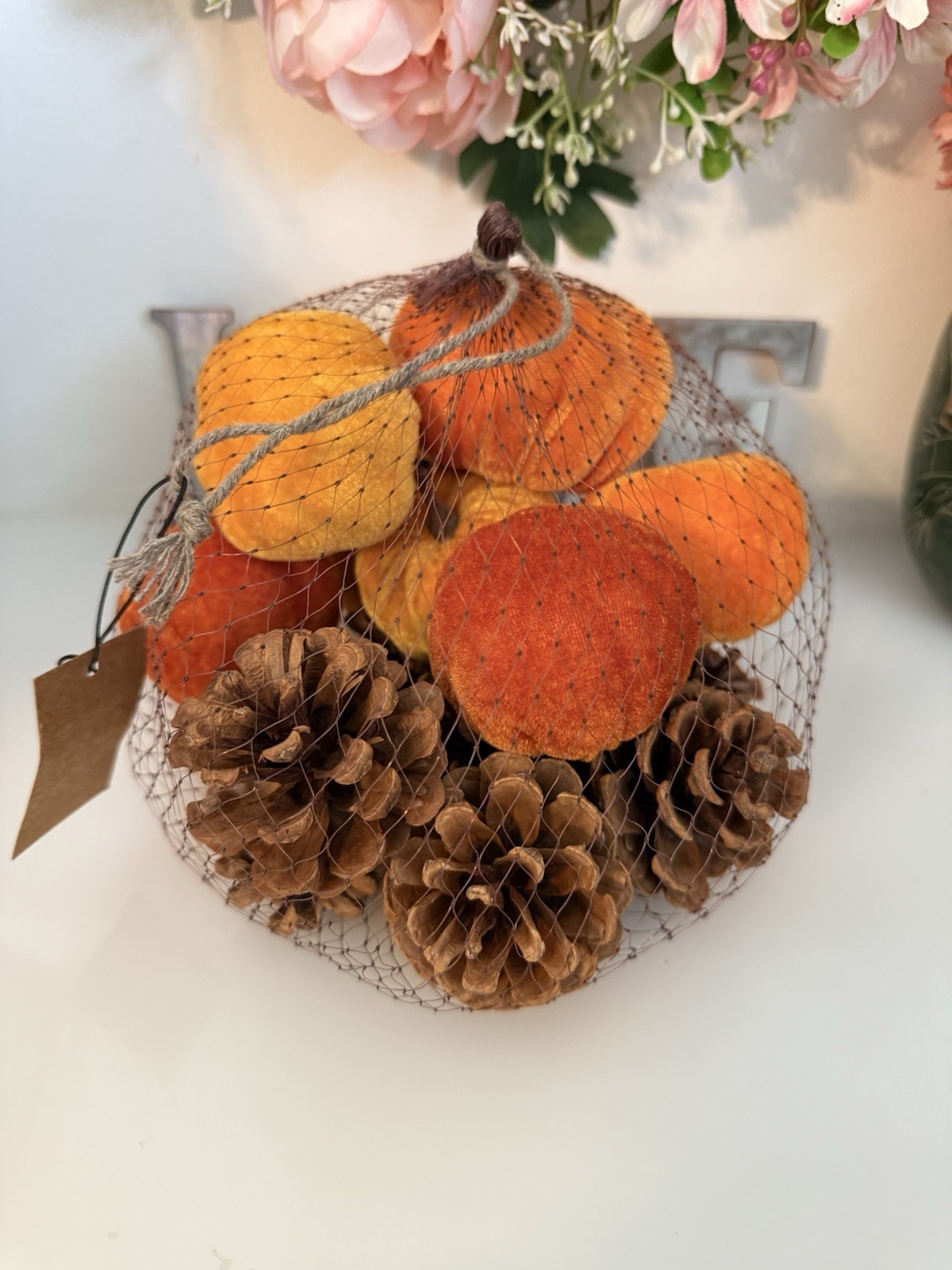 Fall 16 Pcs Velvet Pumpkin and Pinecones Net Bag Decoration Set Assort Sizes New