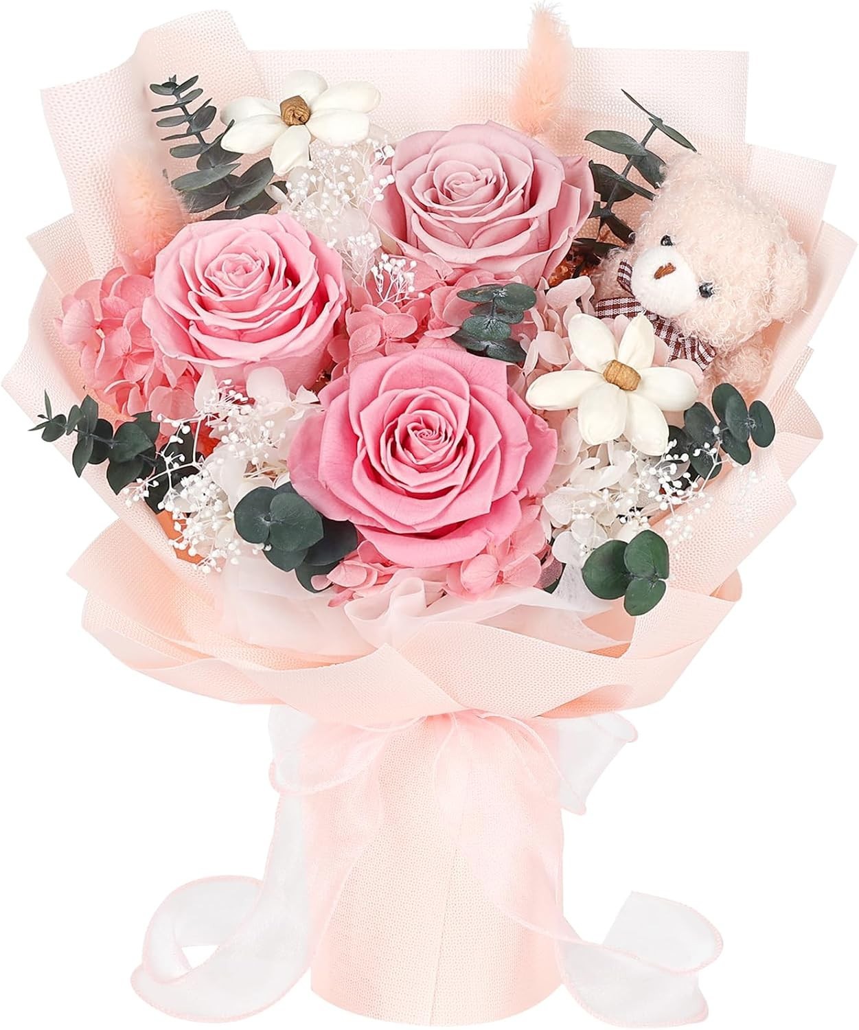 Preserved Flowers Bouquet with Bear Long Lasting Pink Roses Gift for Women