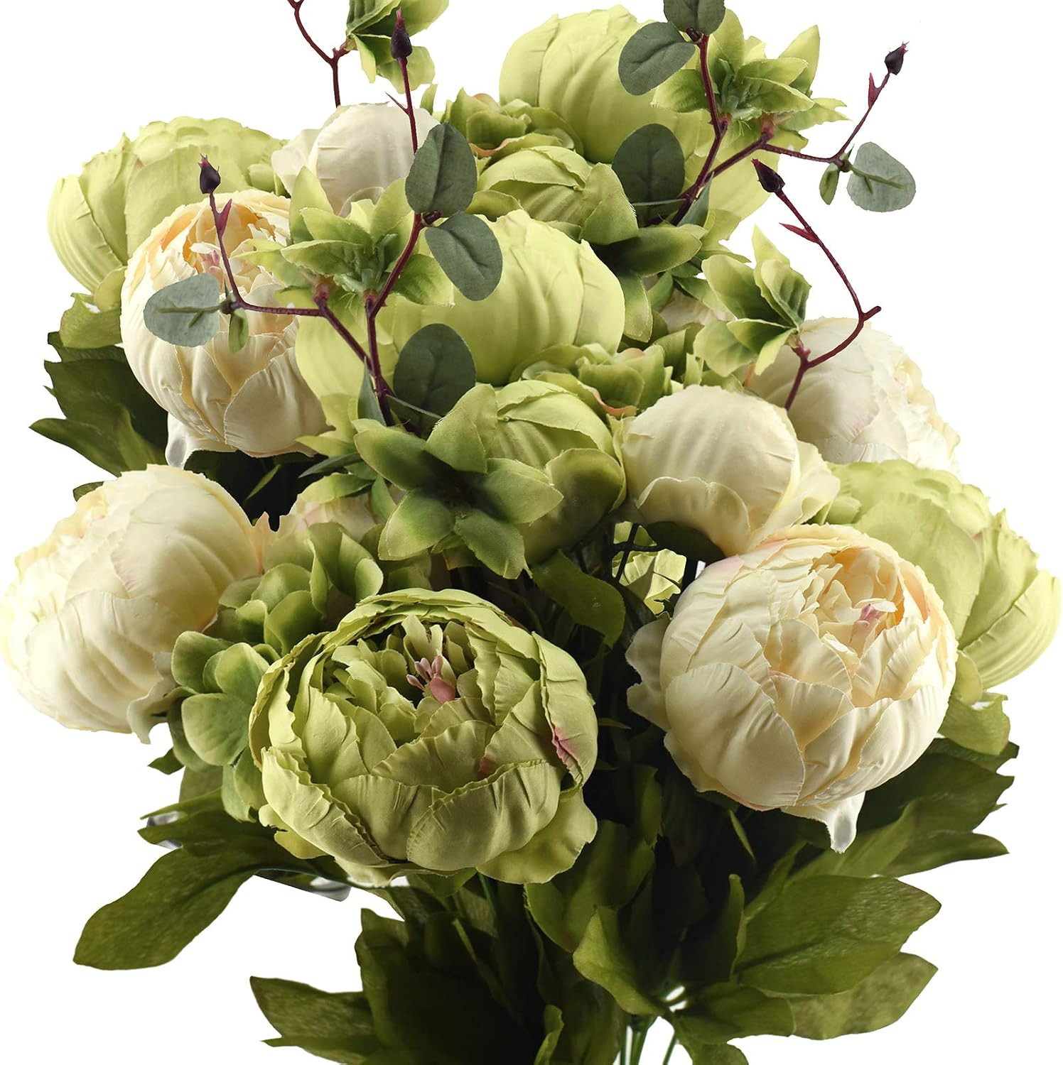 Cream Beige & Moss Green Artificial Peony Bouquets for Weddings & Home Decor