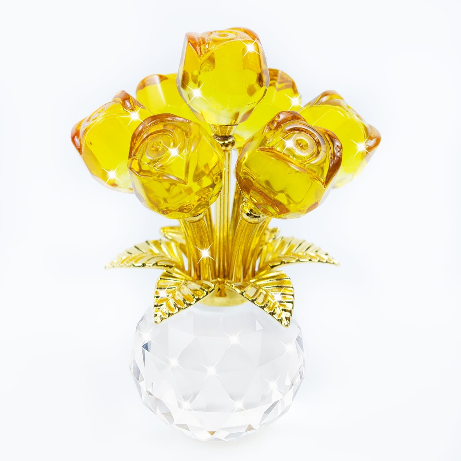 Crystal Rose Flower Figurine with Round Vase,Crystal Flowers, Glass Flowers w…