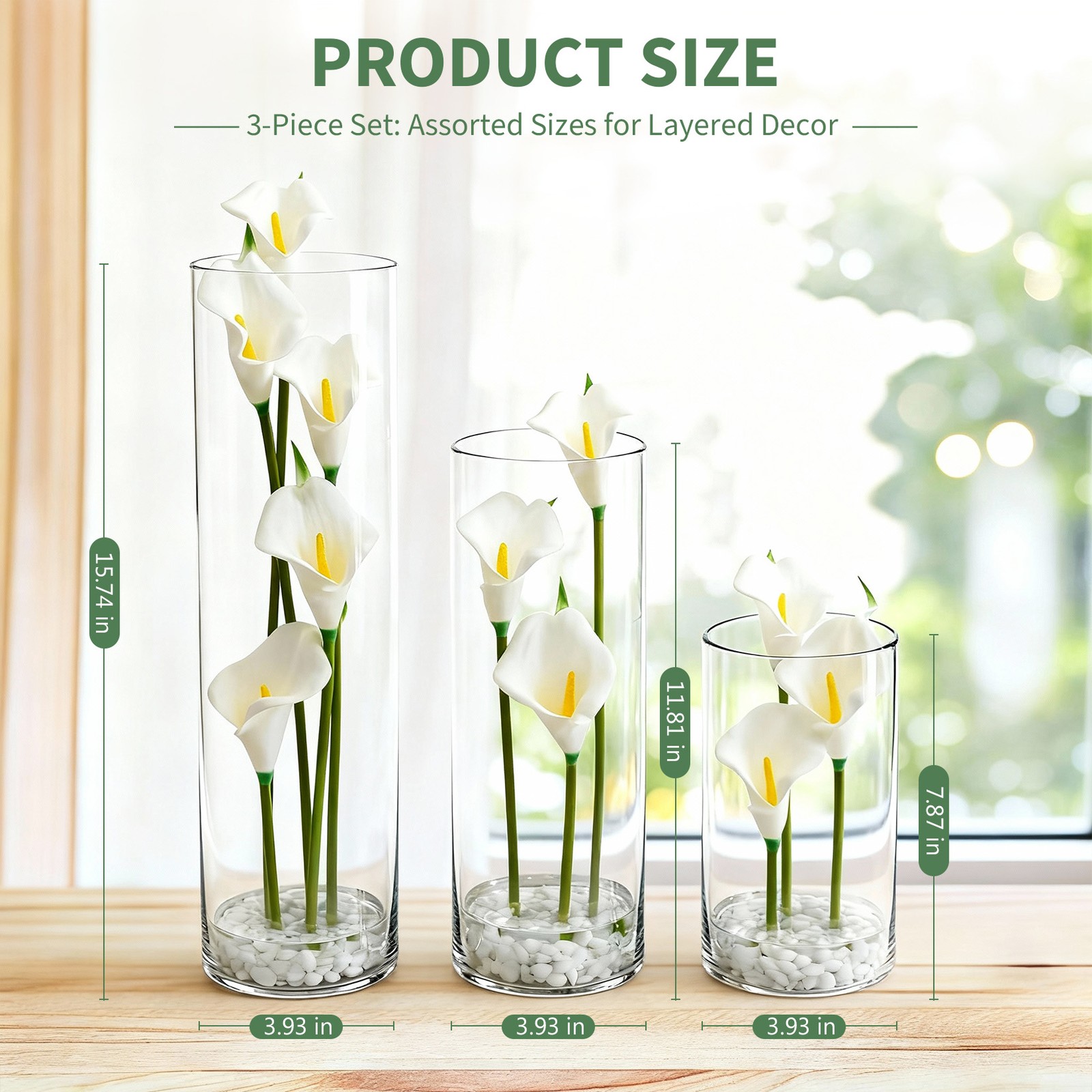 White Calla Lily Centerpiece Set of 3, Acrylic Cylinder Vases with Faux Flowers