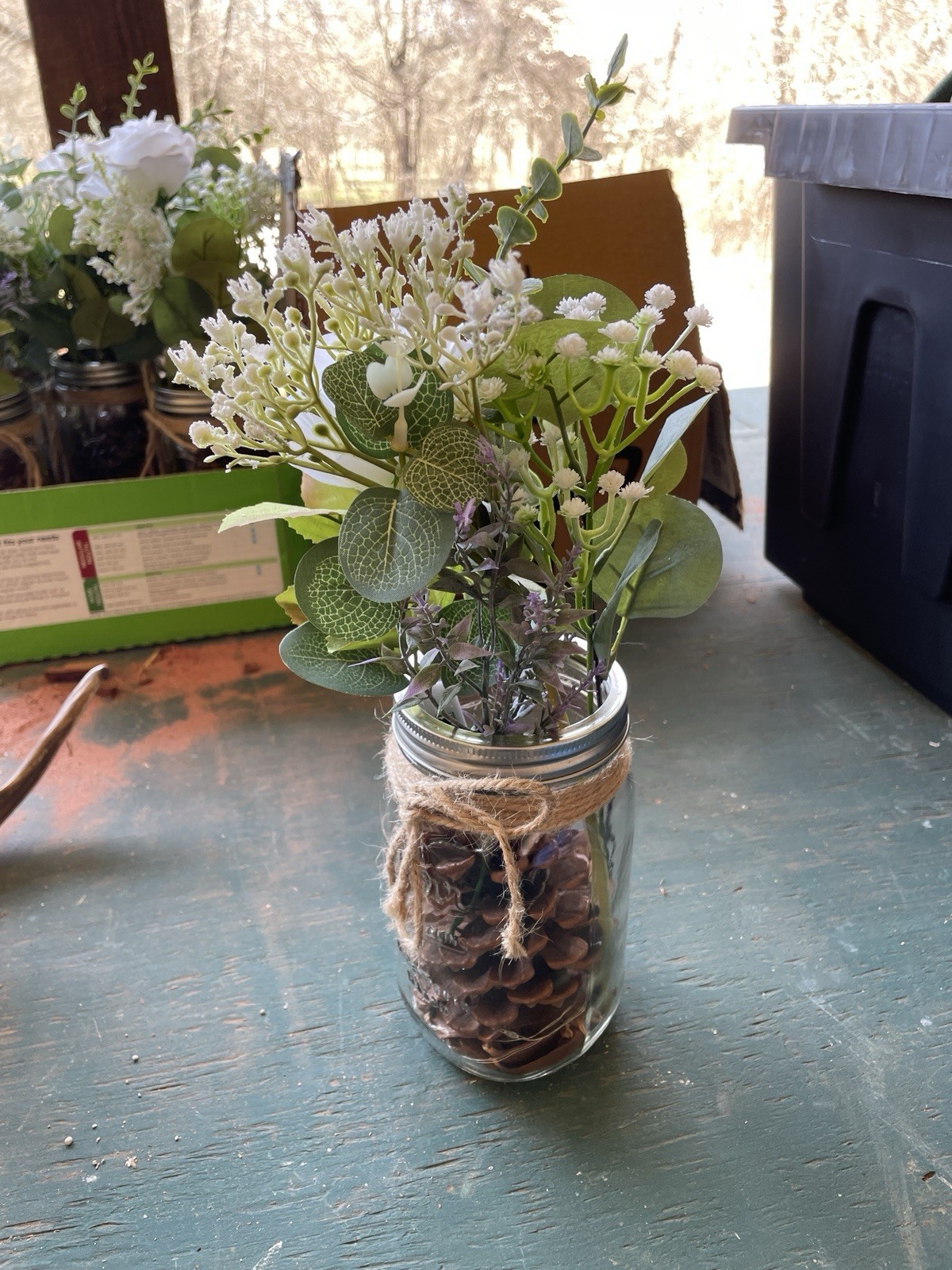 Artificial White Rose Mason Jar Centerpiece w/ Greenery Pinecones